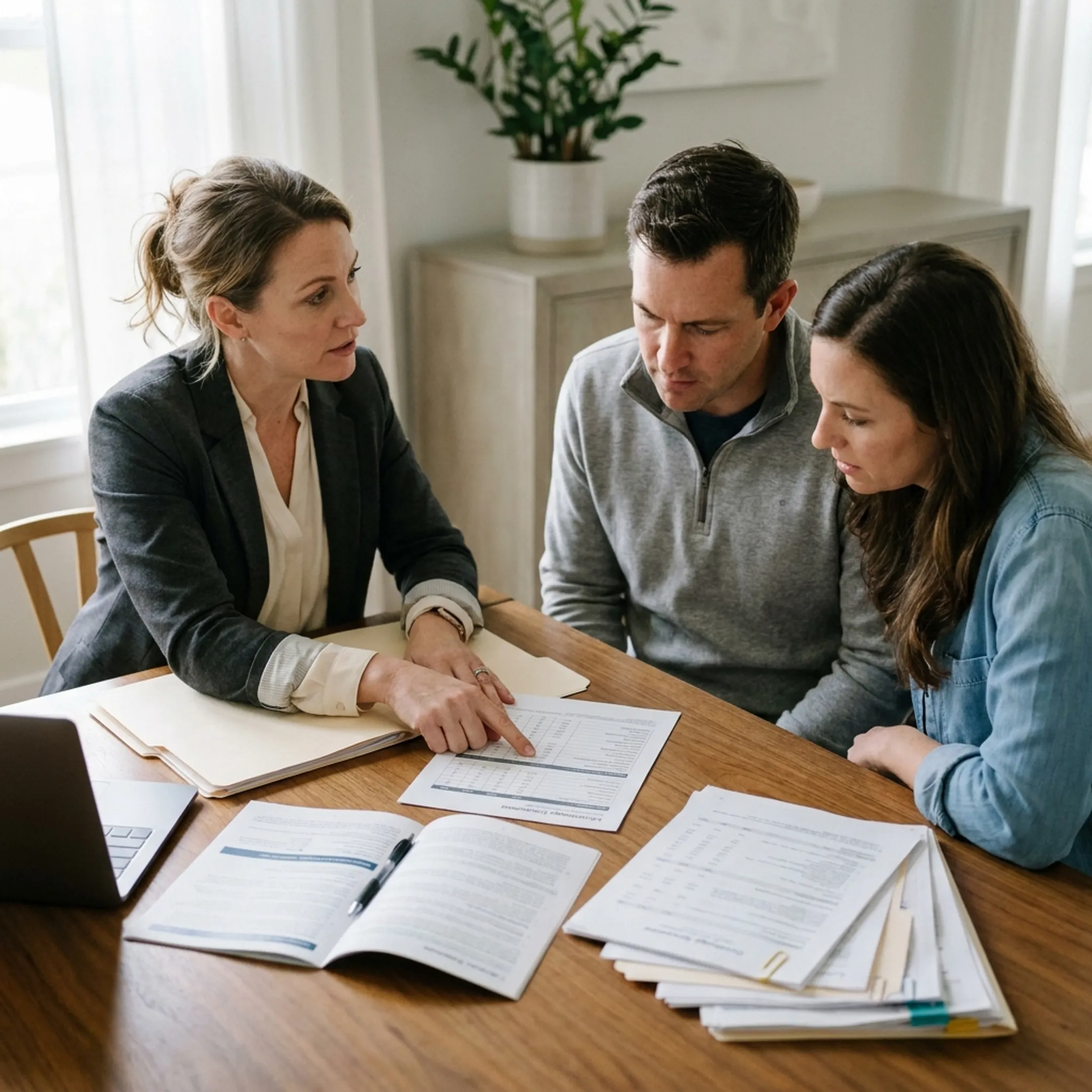 Insurance professional explaining mortgage protection coverage to a couple