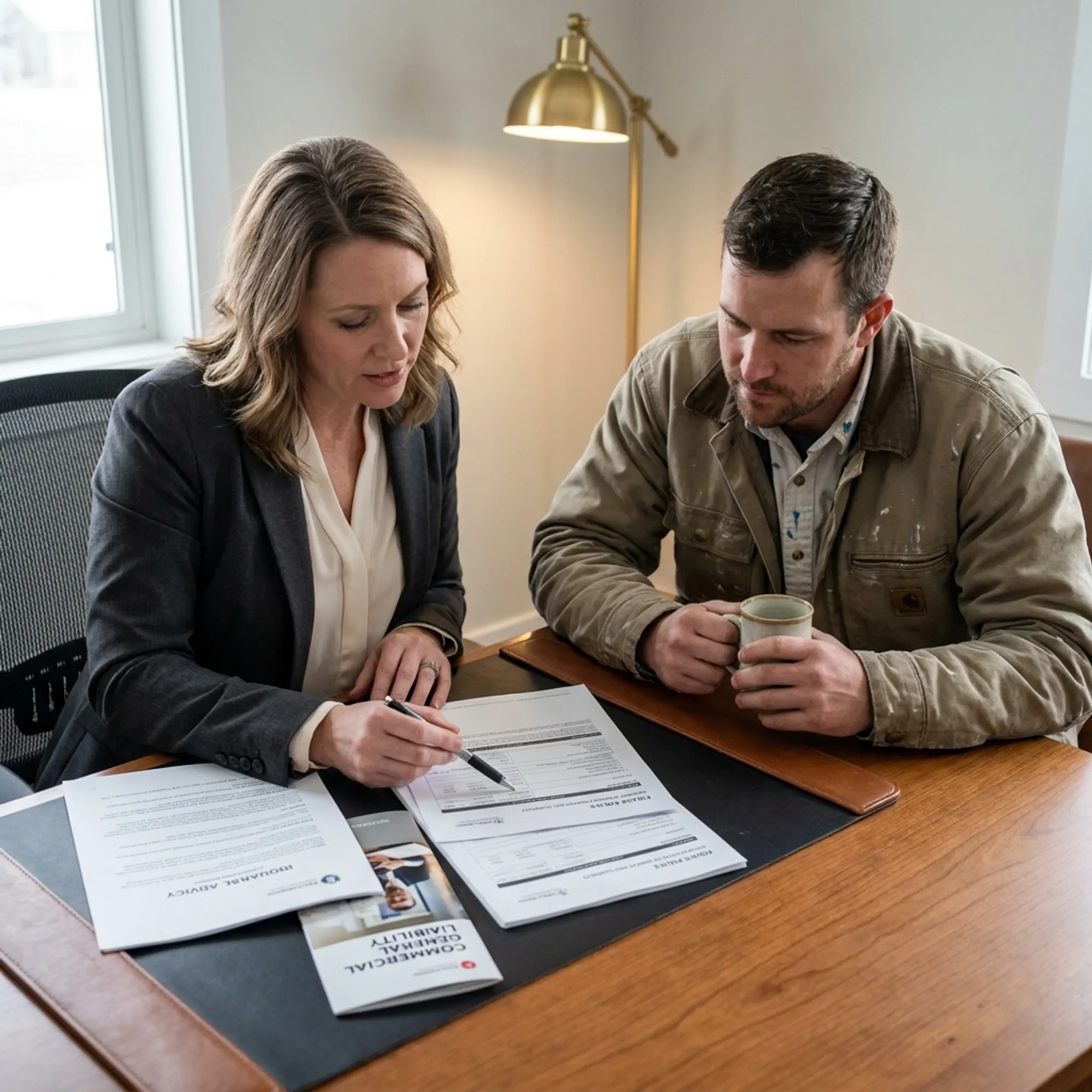 Painter reviewing business insurance coverage with an advisor