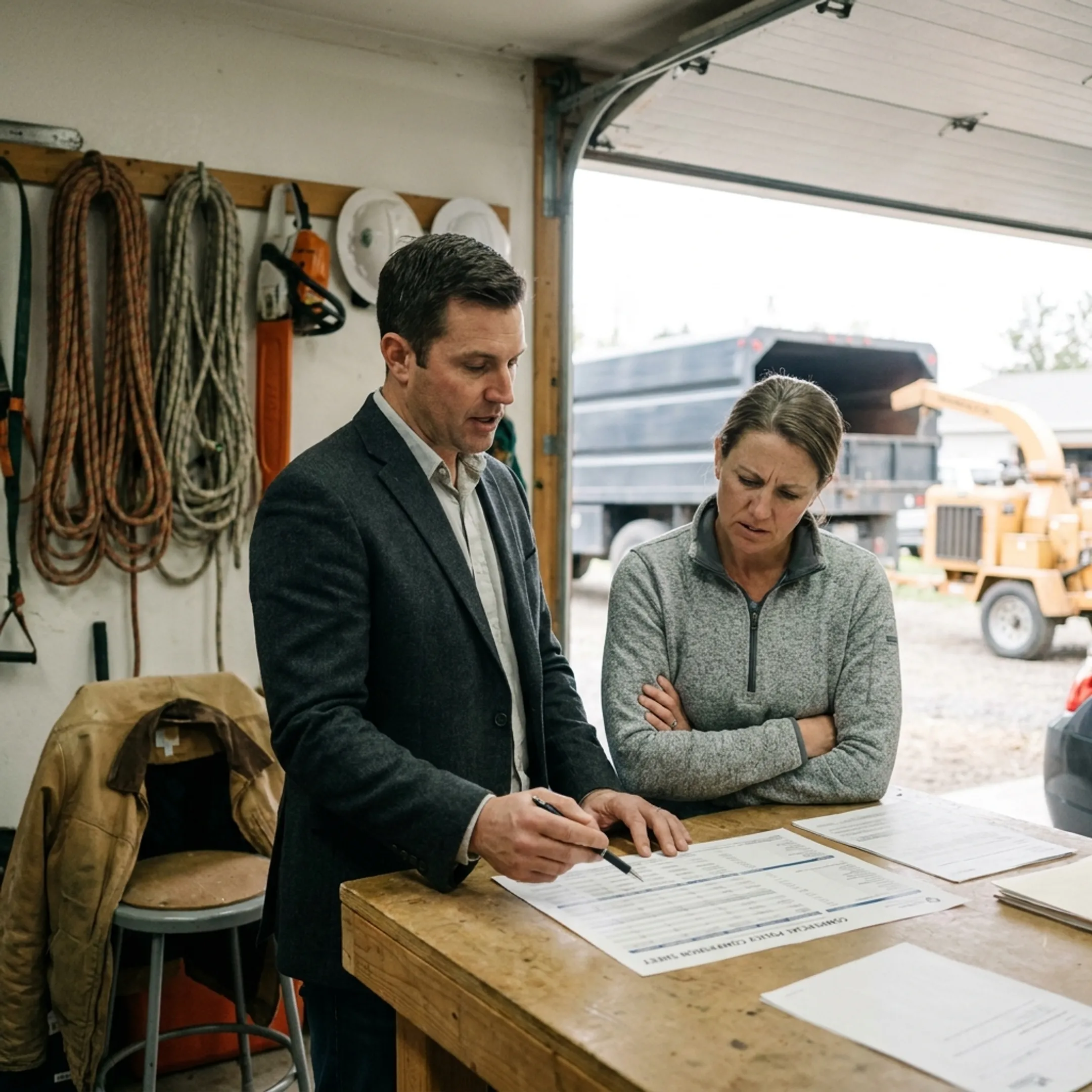 Advisor explaining commercial insurance options to a tree service business owner