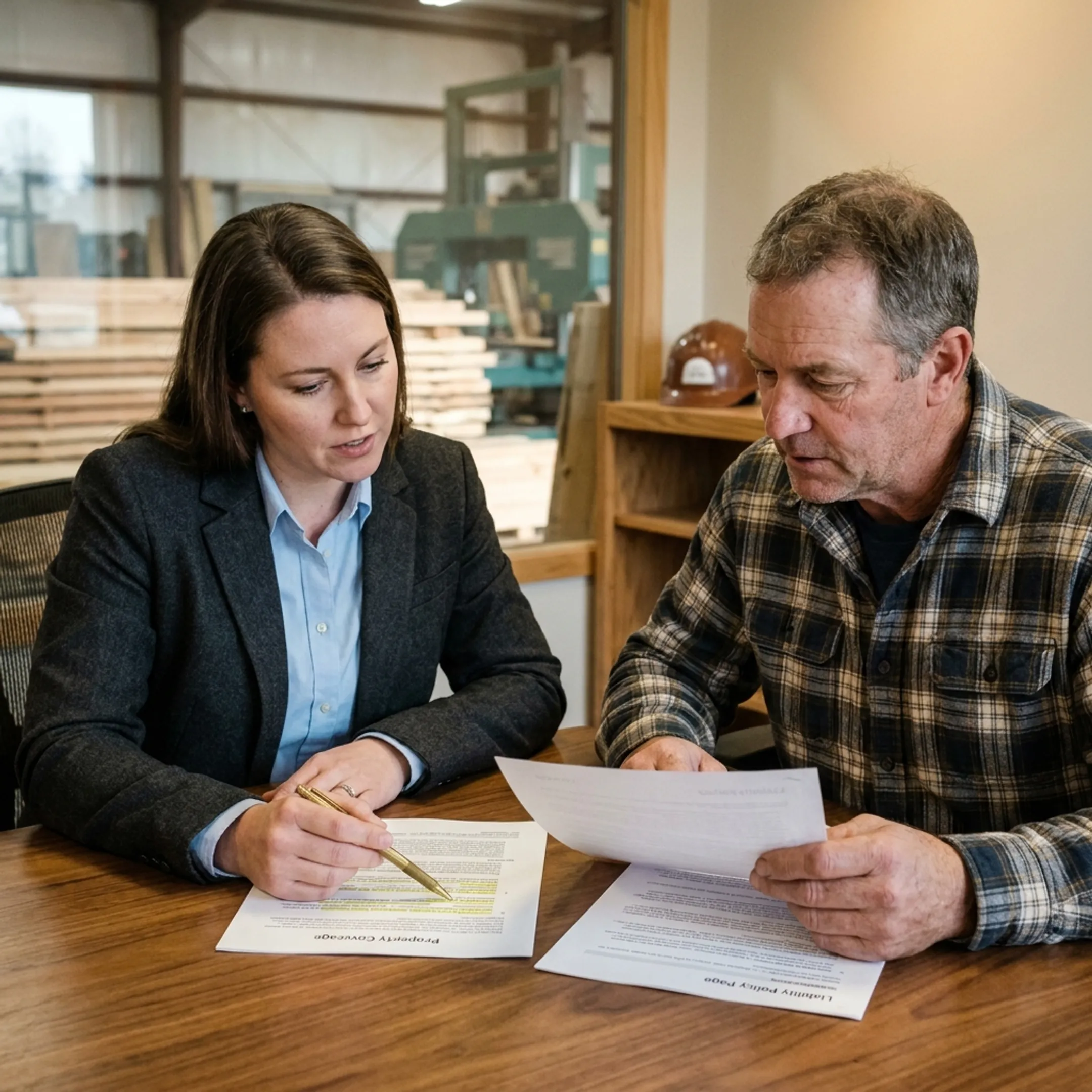 Advisor explaining customized sawmill insurance options to a business owner