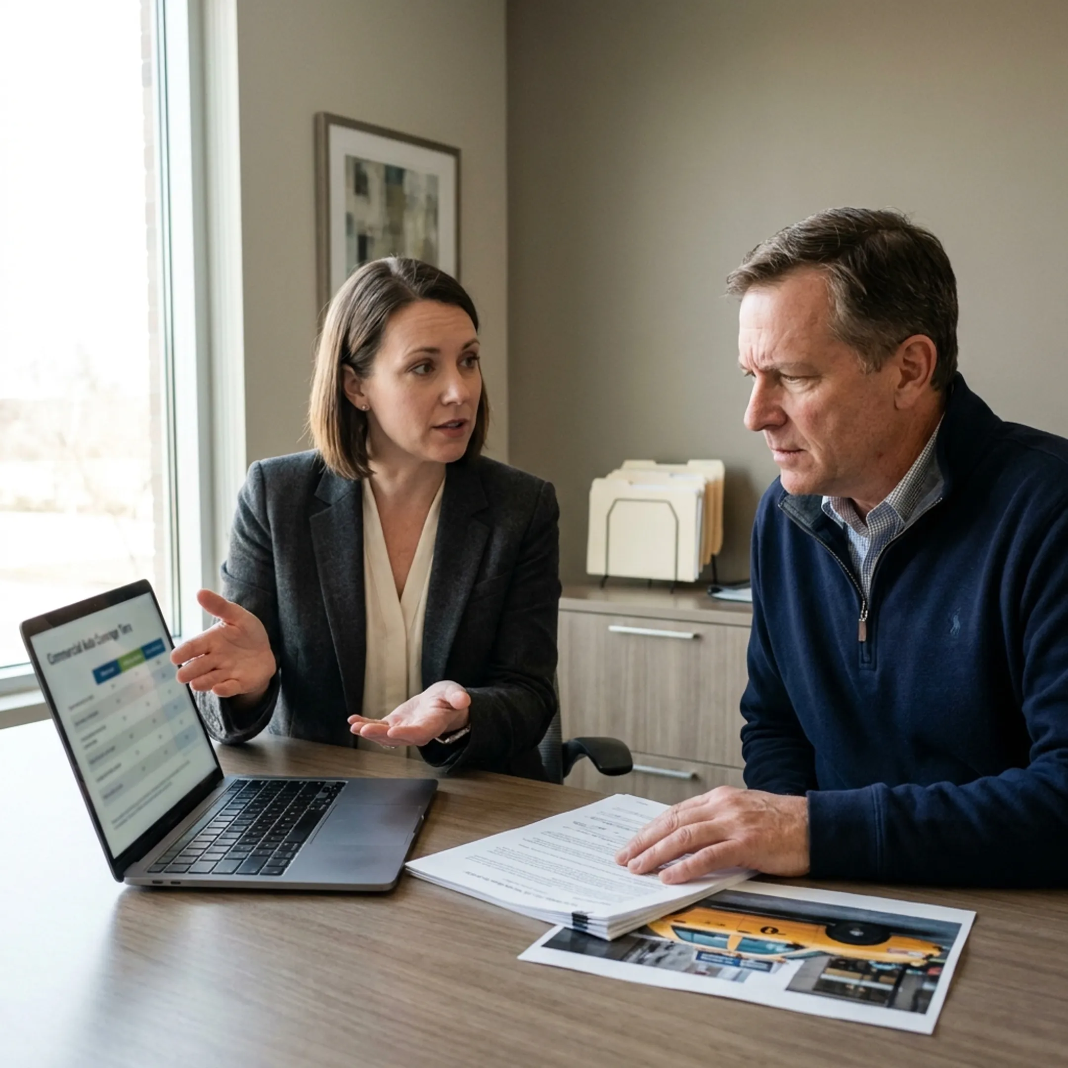 Insurance professional explaining taxi coverage options to a business client