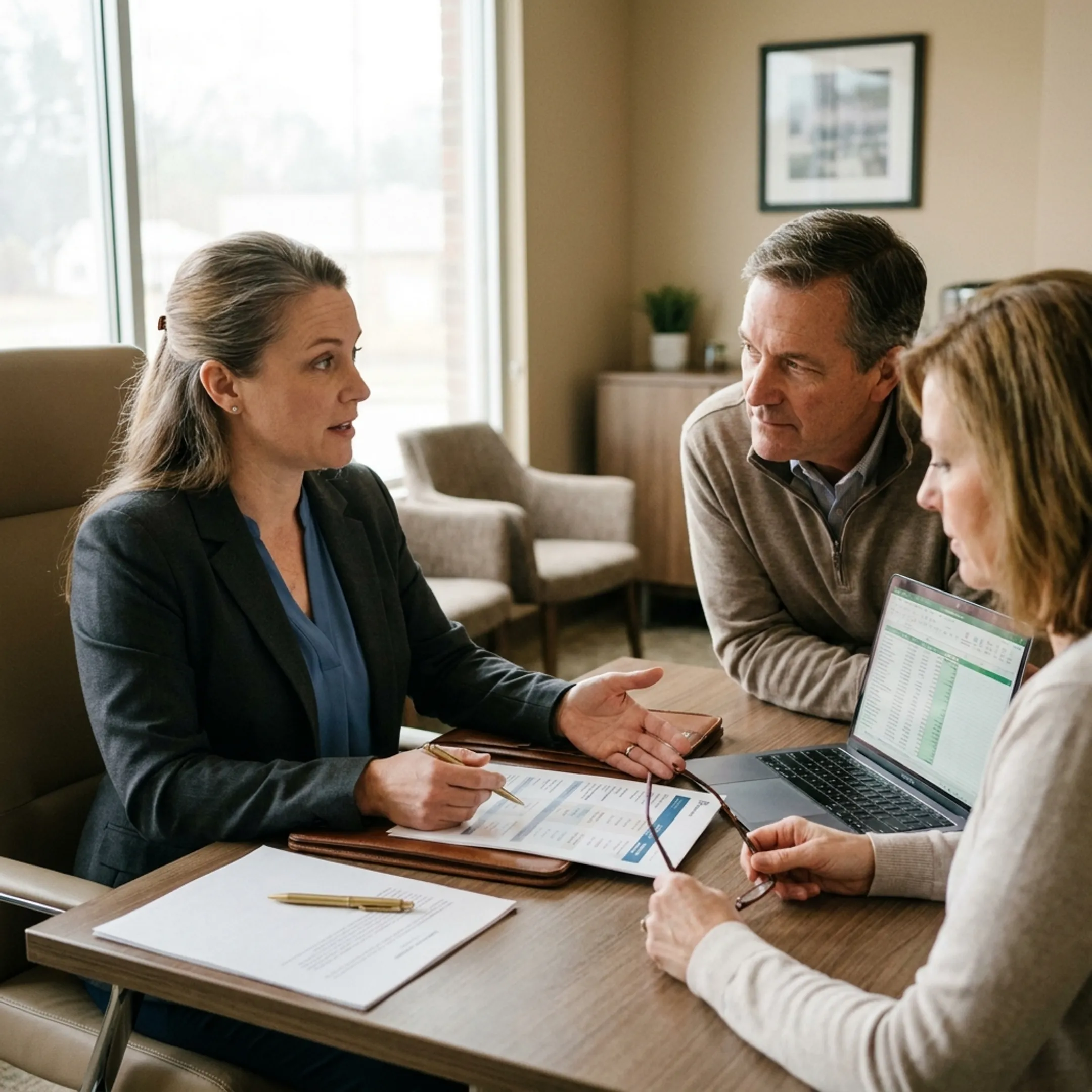 Agent explaining life insurance choices to a couple