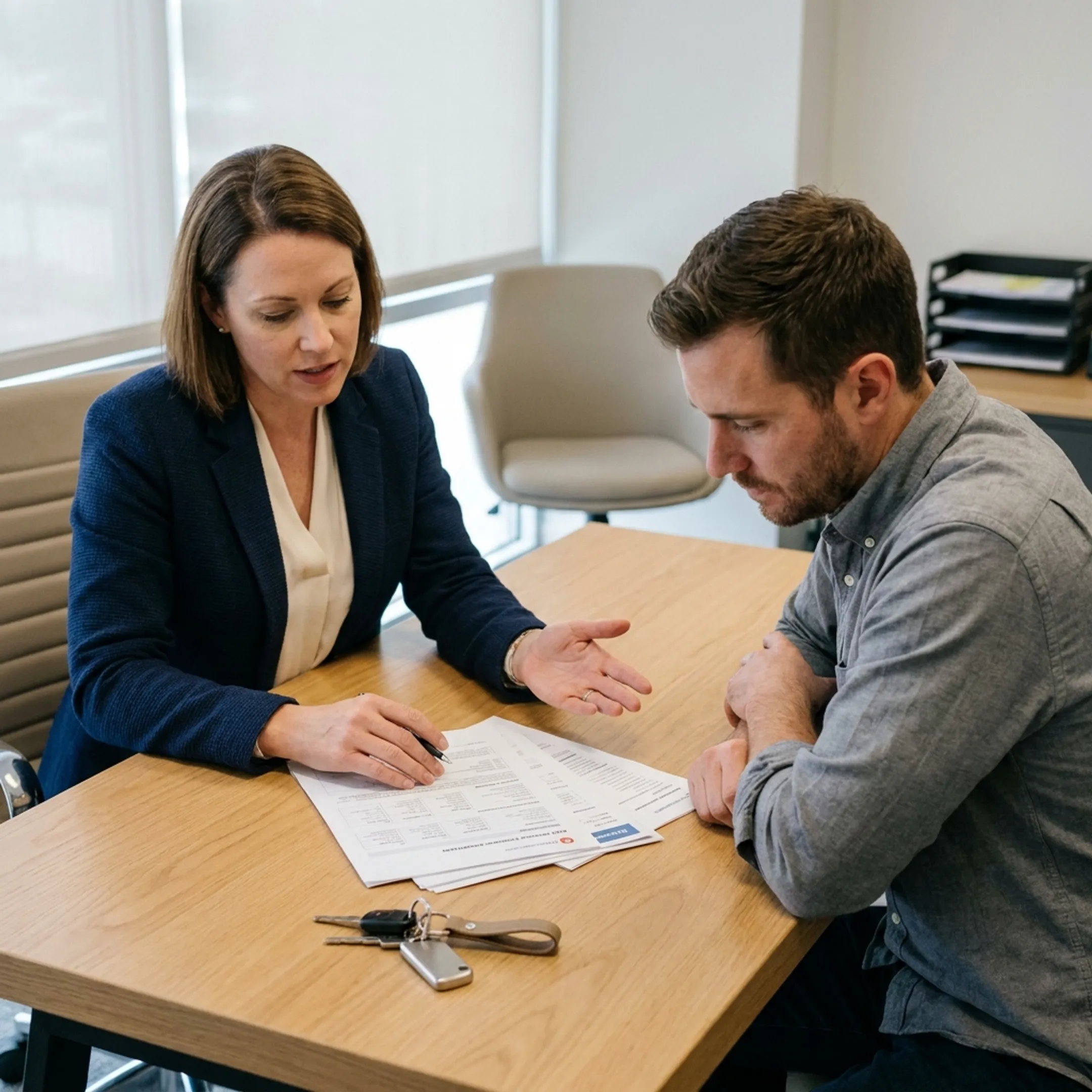 Independent insurance agent explaining auto coverage options to a customer