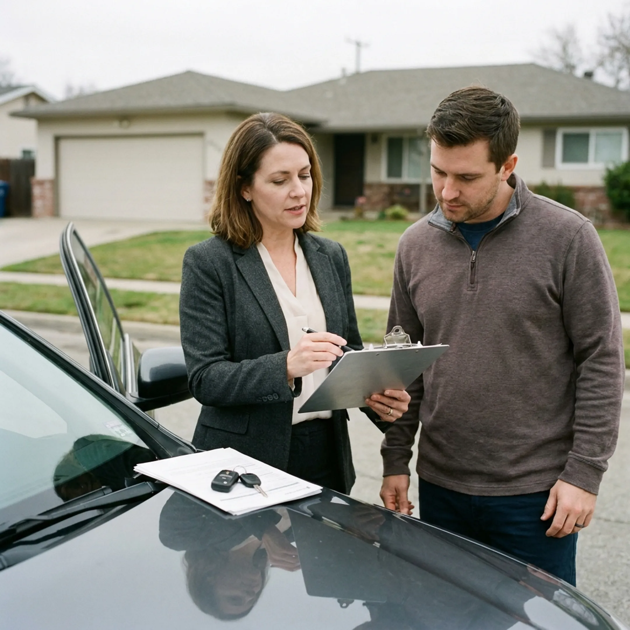 Insurance professional reviewing new car coverage with a customer