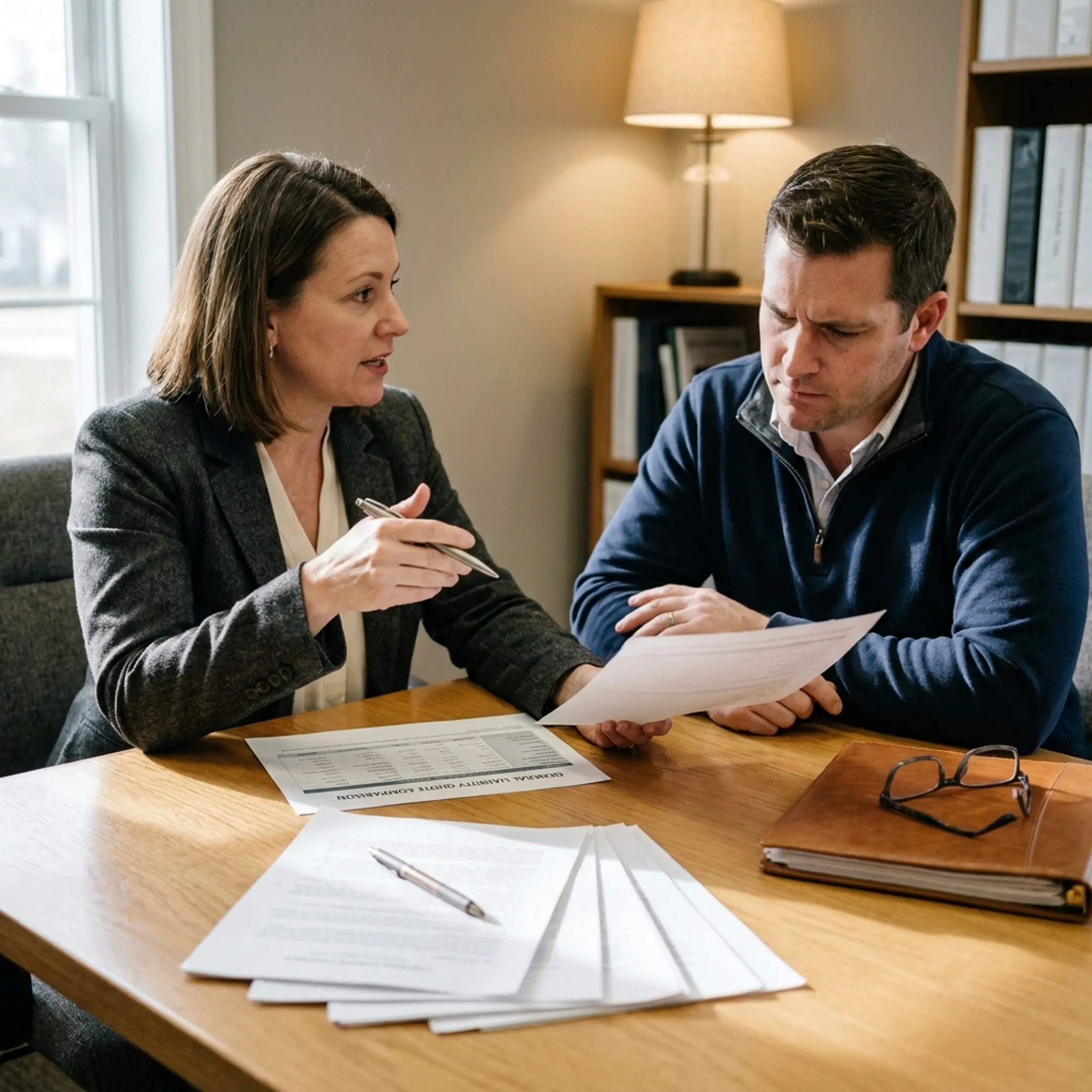 Business owner reviewing liability insurance quote options with an insurance advisor