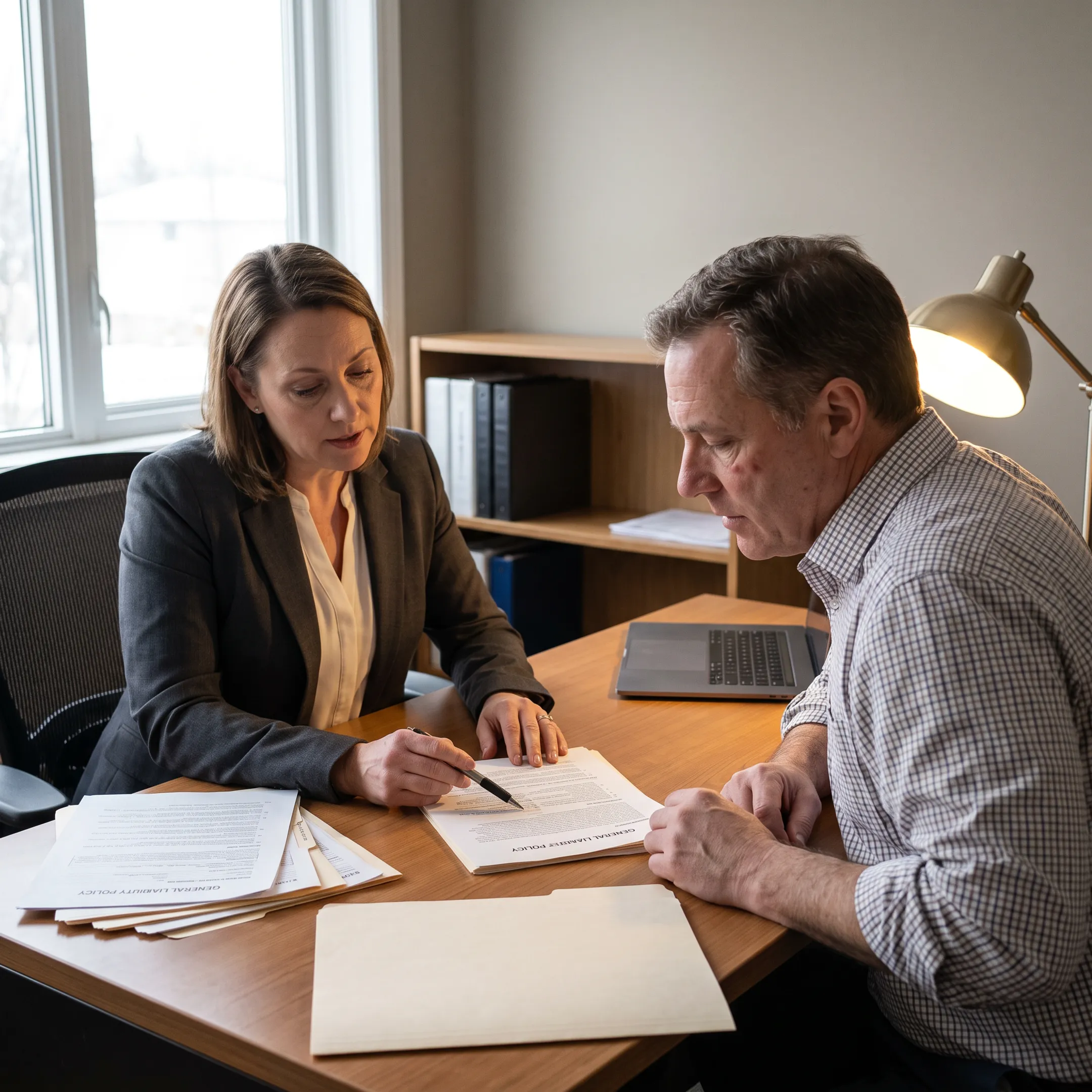Insurance professional discussing general liability coverage with a business owner