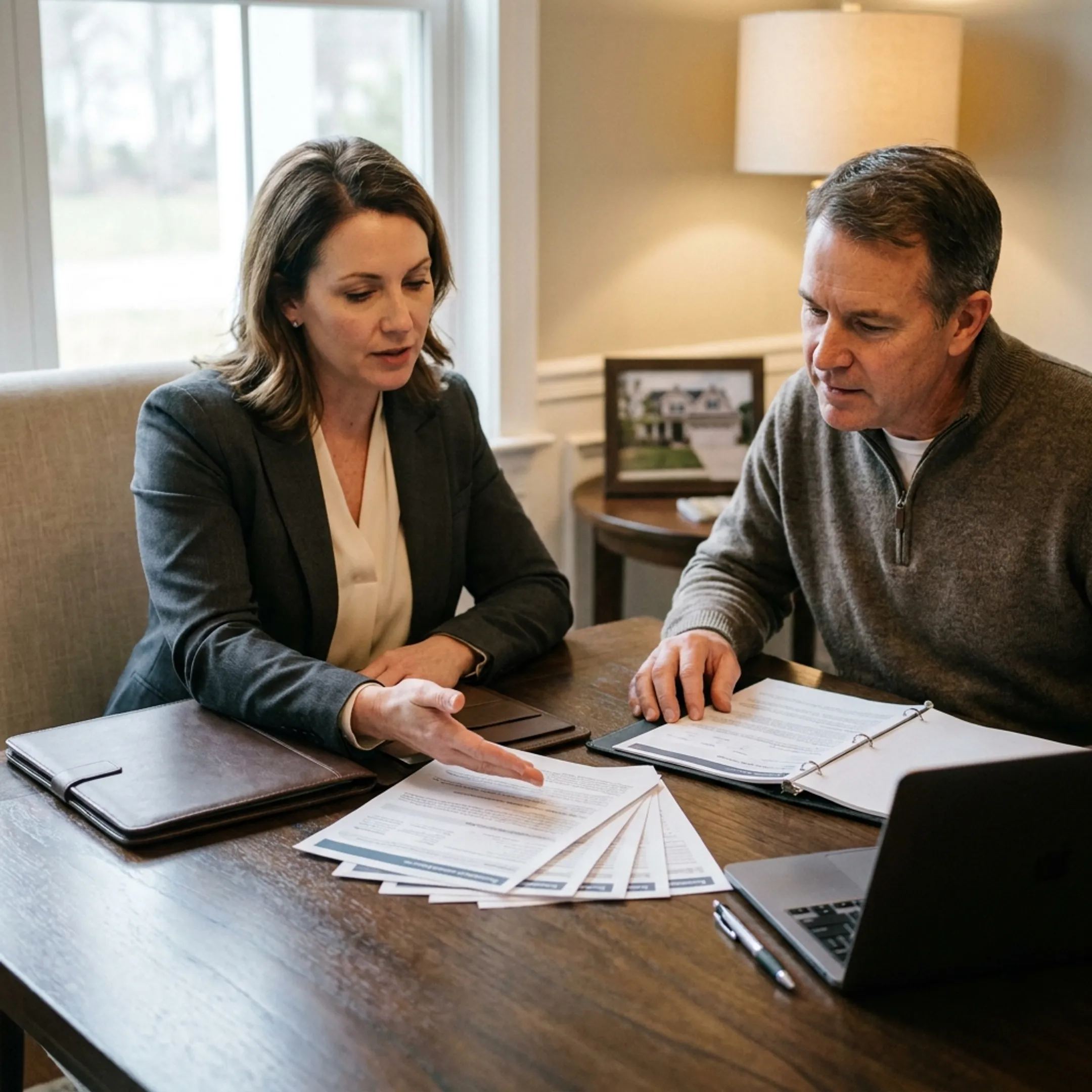 Insurance professional reviewing customized homeowners coverage