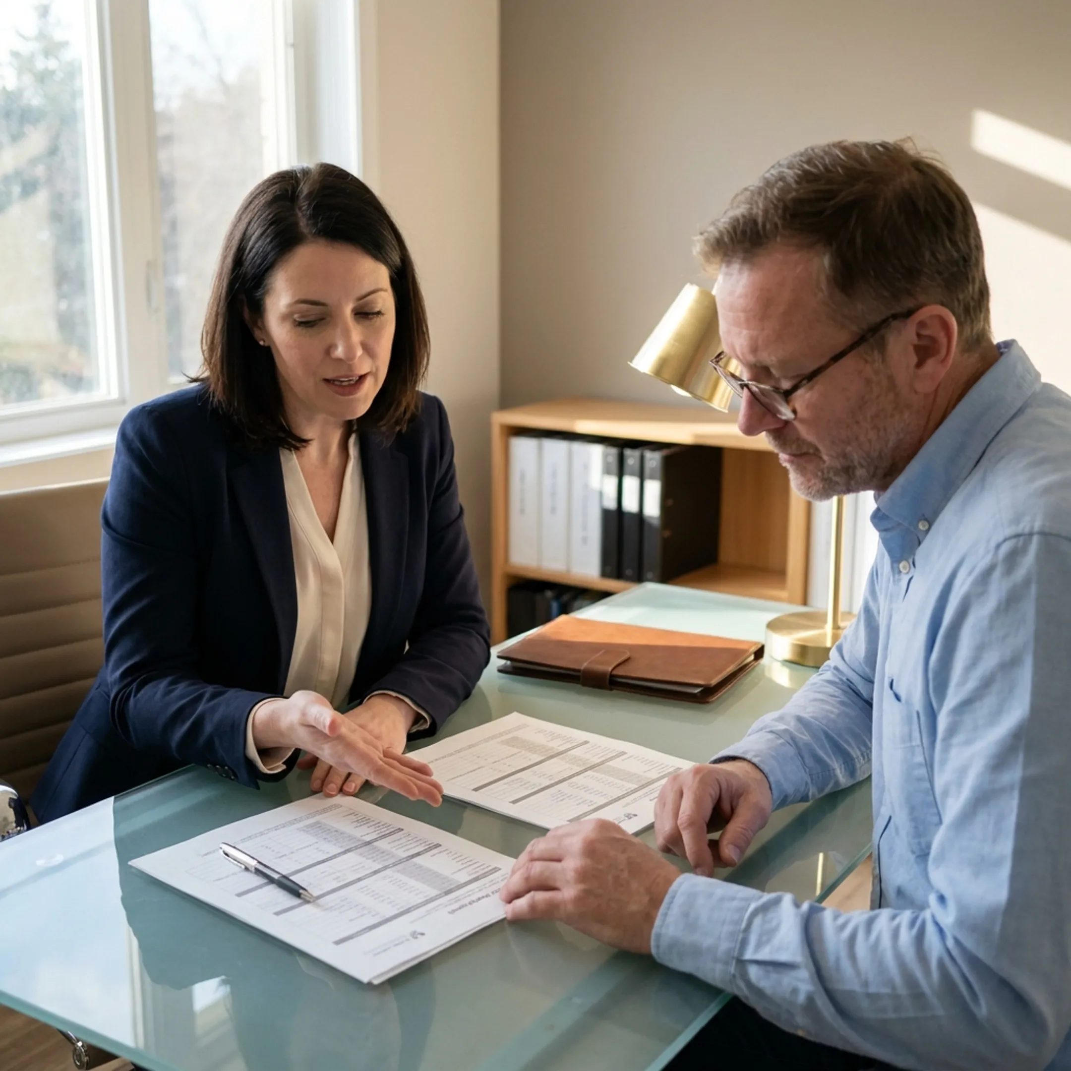 Insurance professional explaining whole life policy options to a client