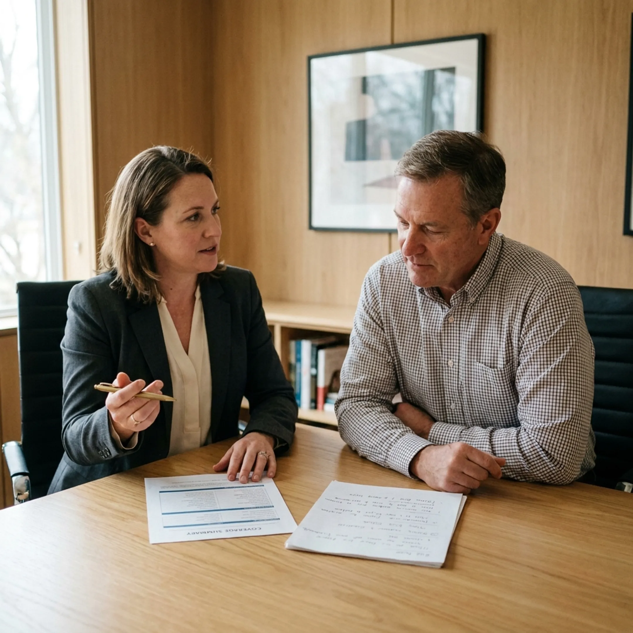 Insurance advisor explaining inventory coverage to a small business owner
