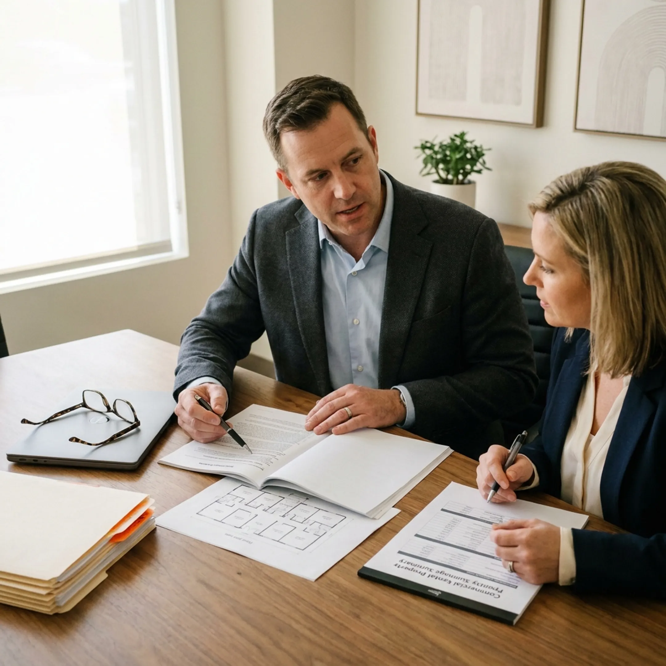Property manager discussing commercial liability insurance with an advisor