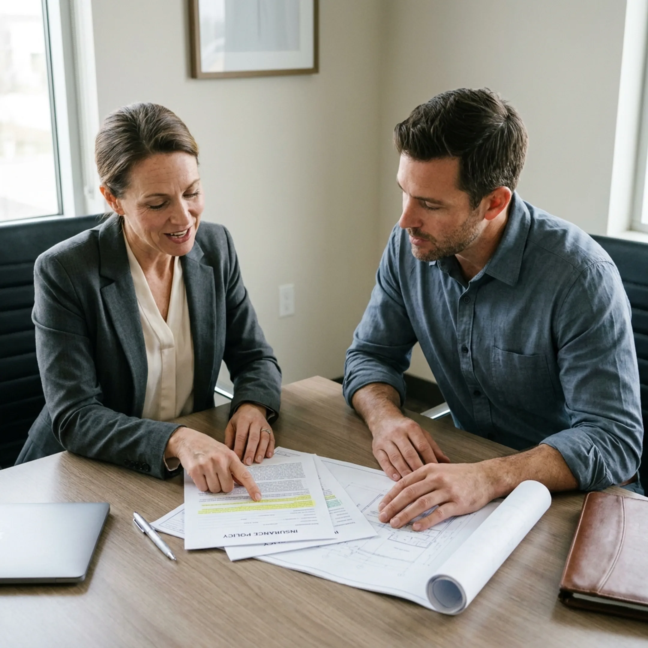 Insurance advisor explaining professional liability coverage to an architect