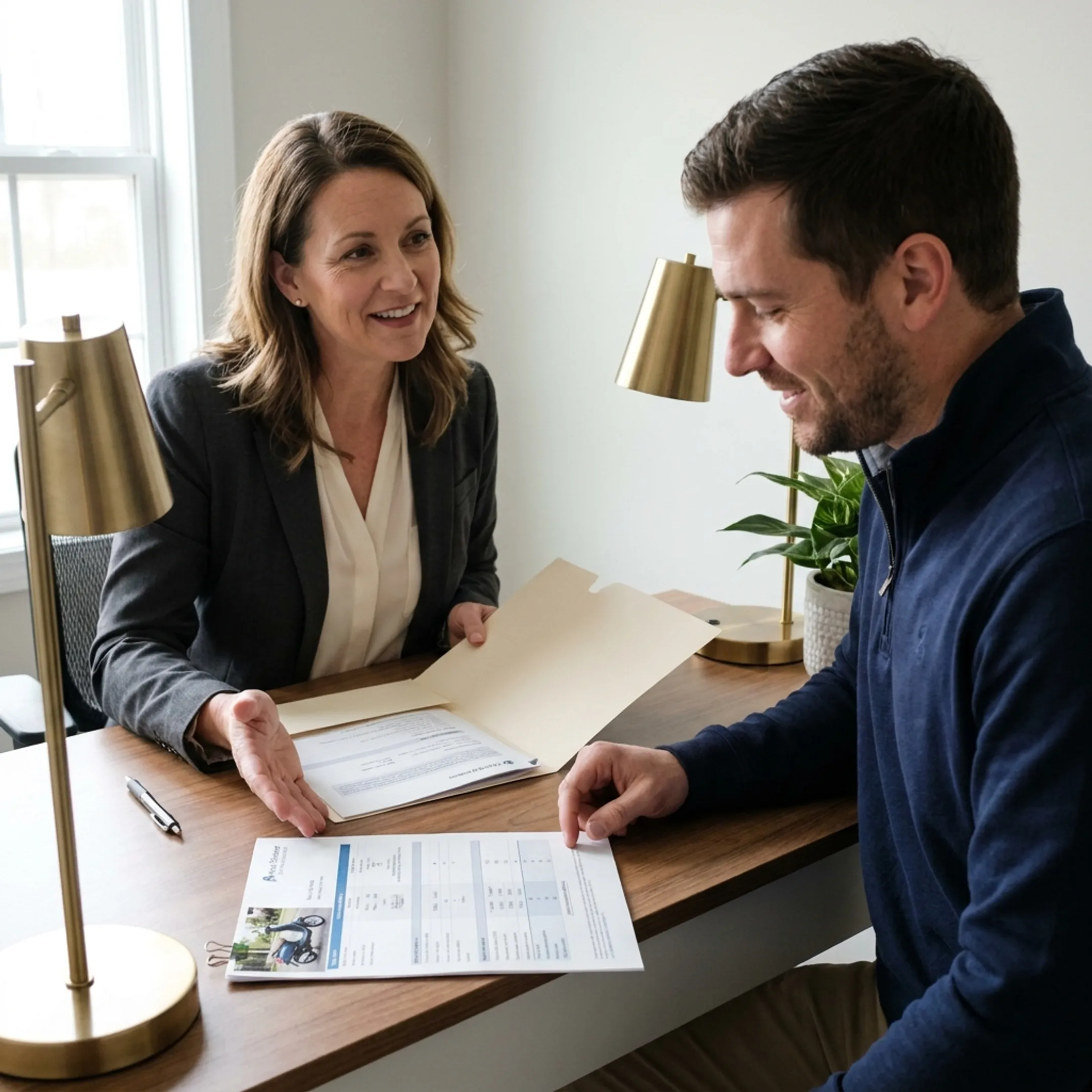 Insurance advisor discussing scooter coverage with a customer at a desk