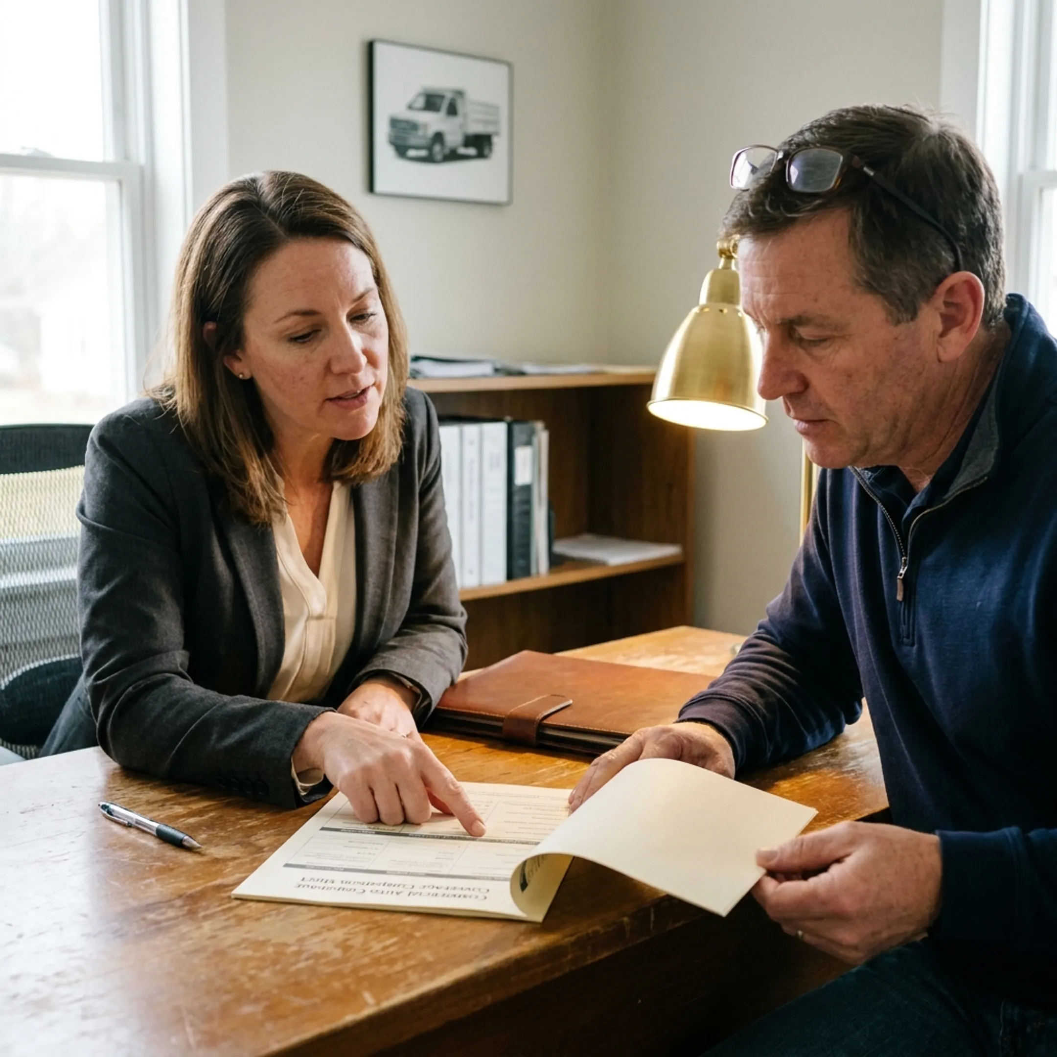 Advisor explaining commercial auto insurance options to a business owner
