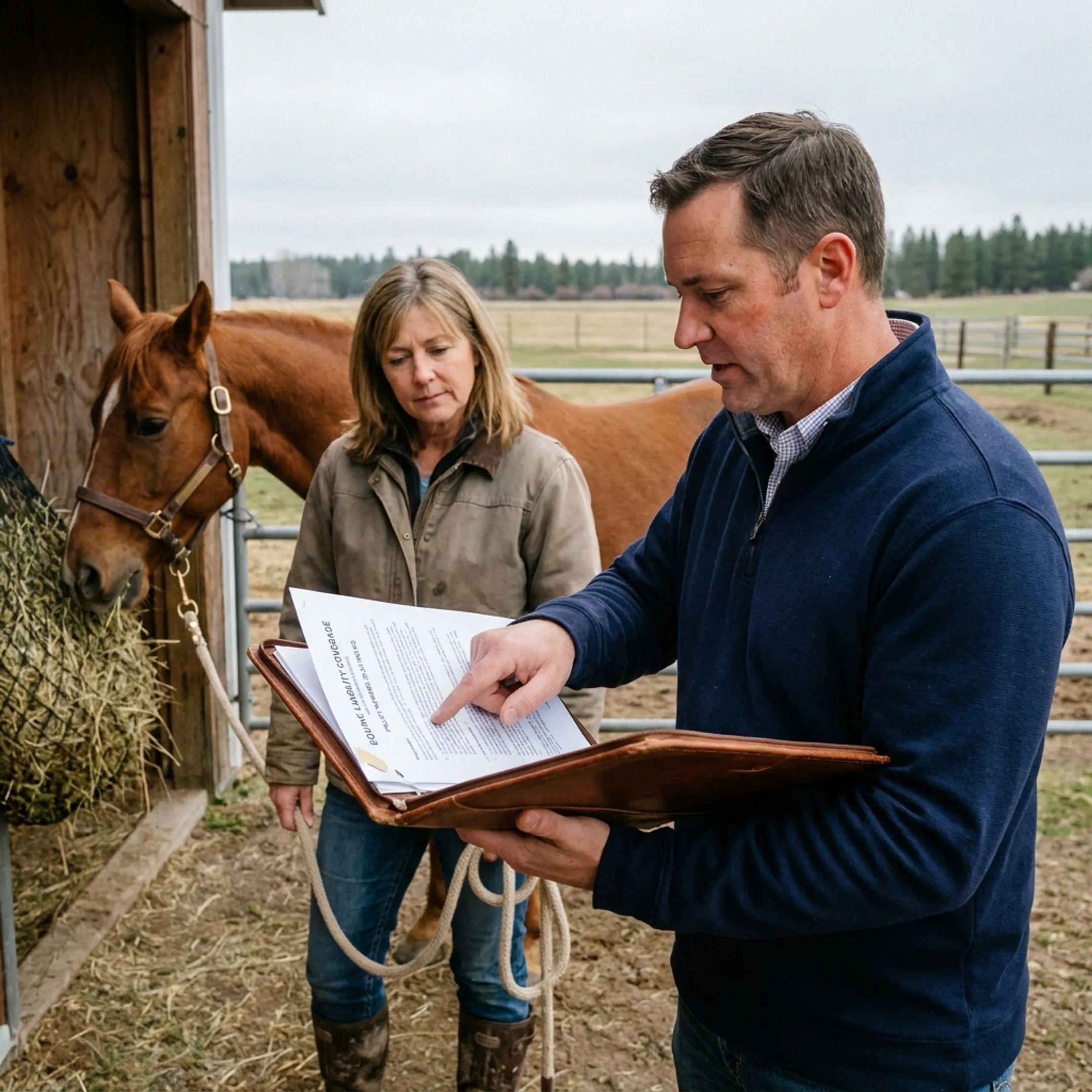 Insurance professional reviewing horse insurance coverage with an equine owner