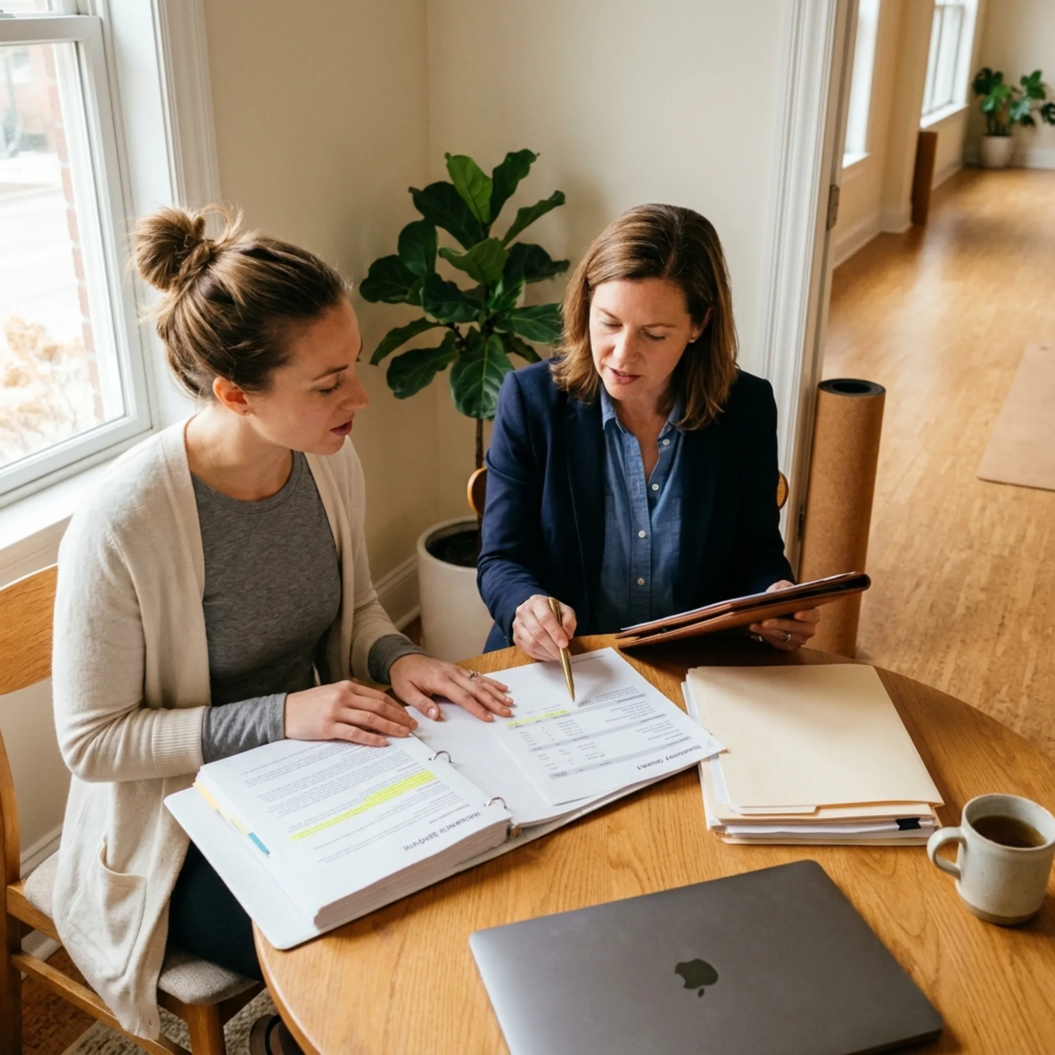 Yoga studio owner reviewing insurance options with an advisor