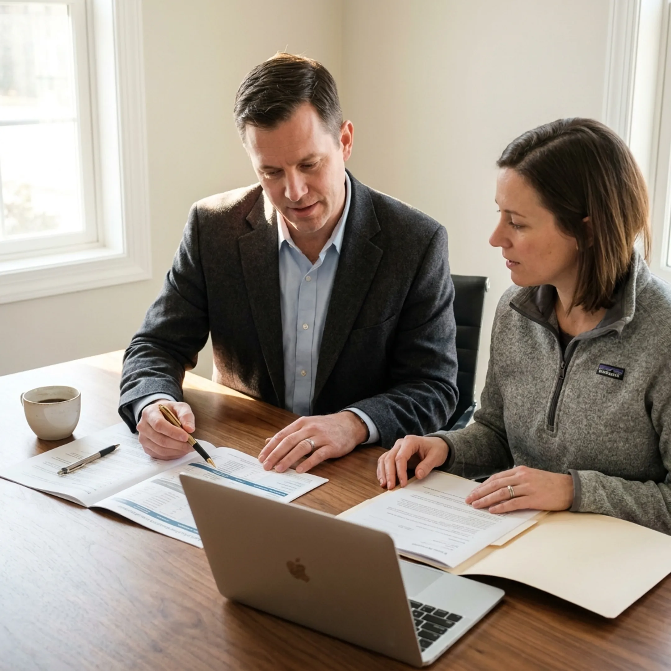Insurance advisor explaining general liability coverage to a self-employed business owner