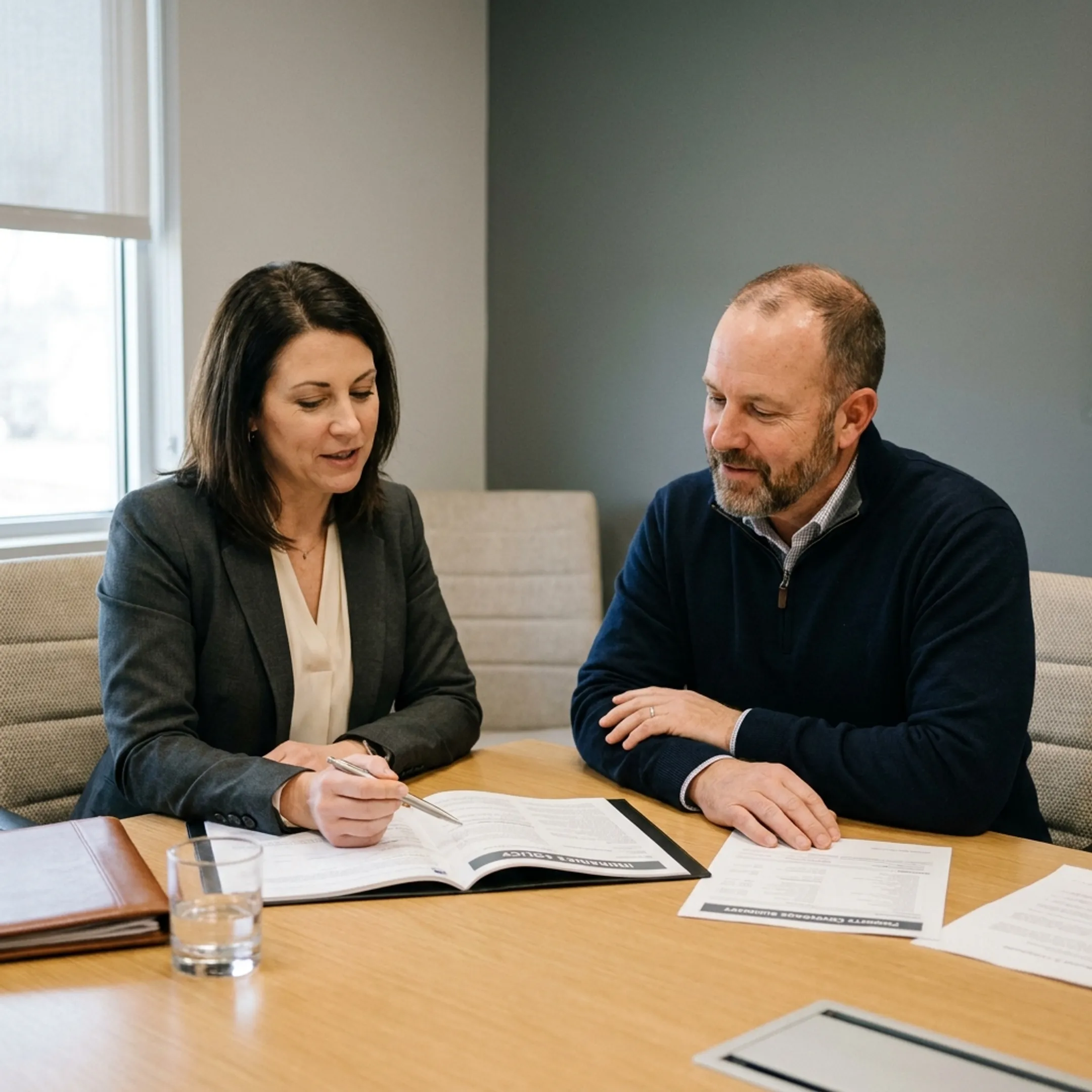 Advisor explaining hotel insurance coverage to business owner