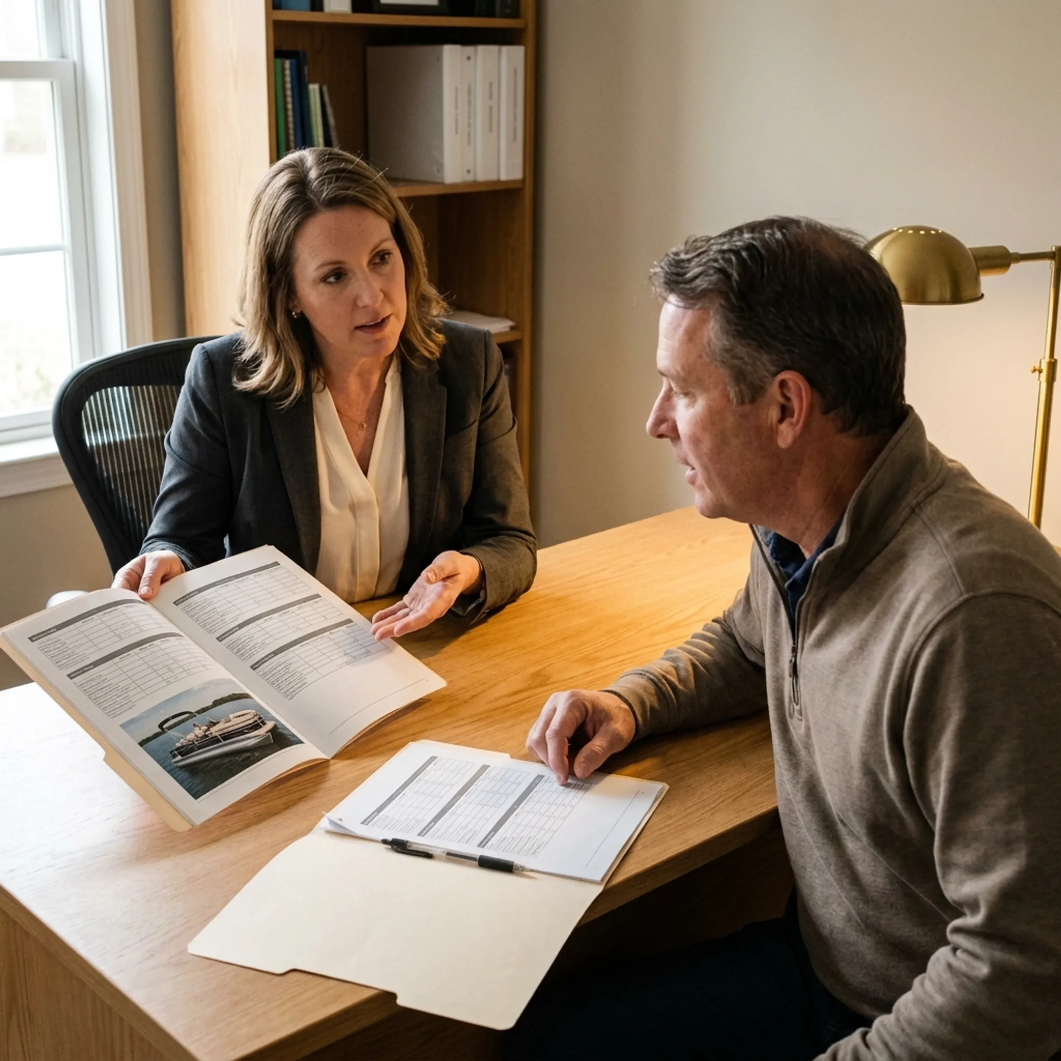 Insurance advisor explaining boat insurance coverage options to a customer