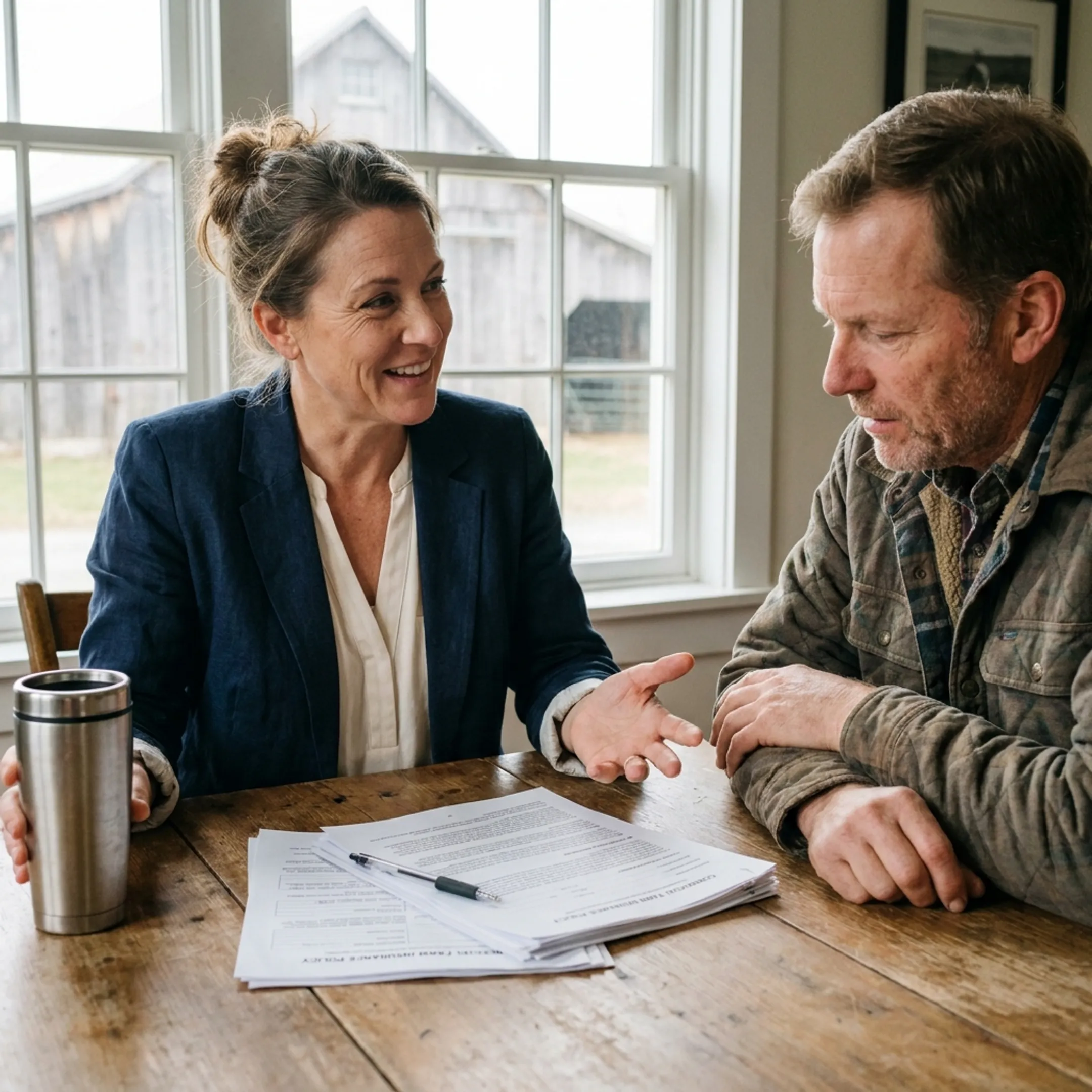 Advisor explaining agritourism insurance options to a farm owner