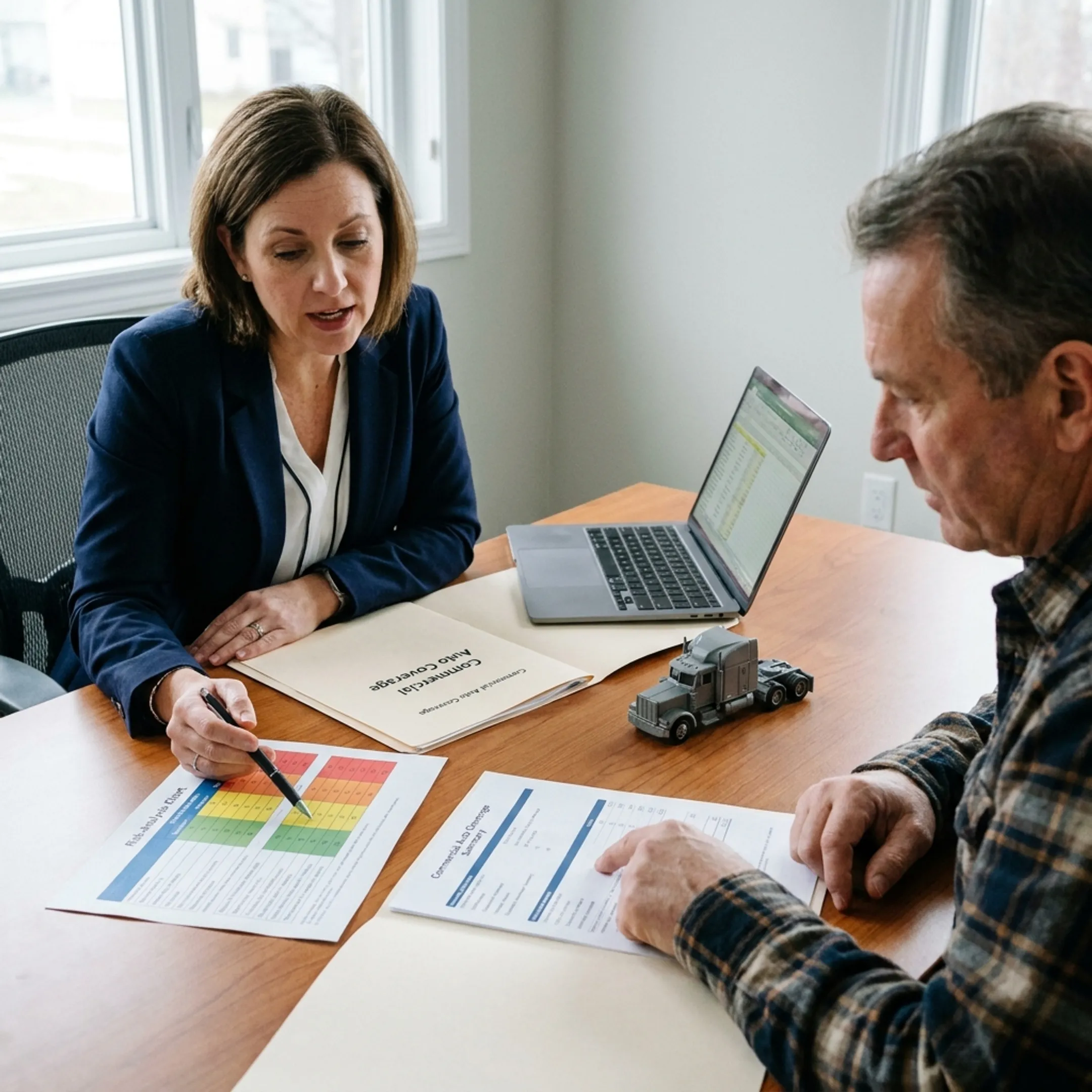 Insurance advisor discussing trucking coverage