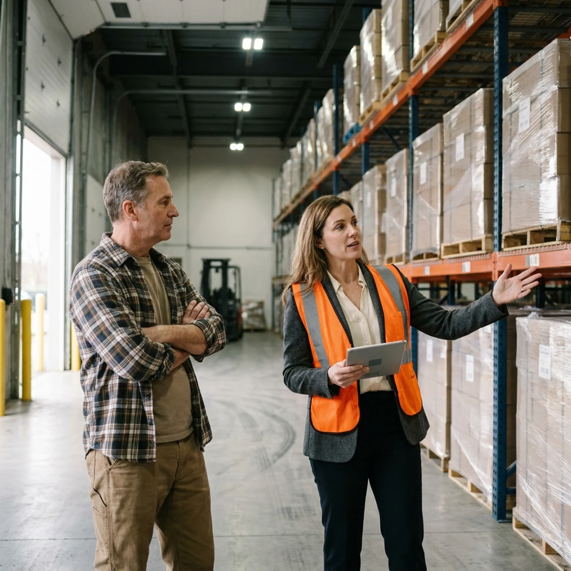 Advisor explaining warehouse insurance options to a business owner