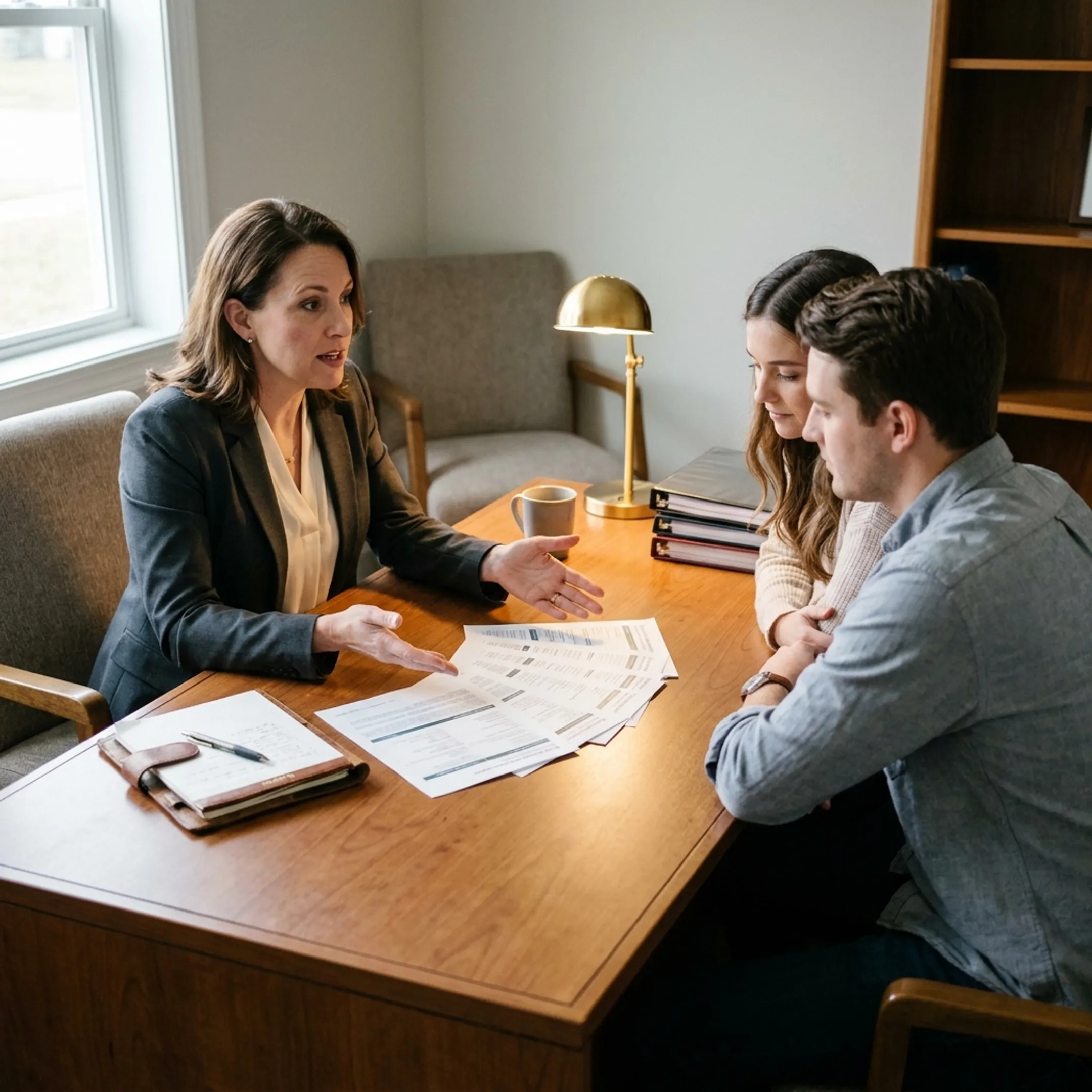 Insurance advisor explaining life insurance coverage to a family