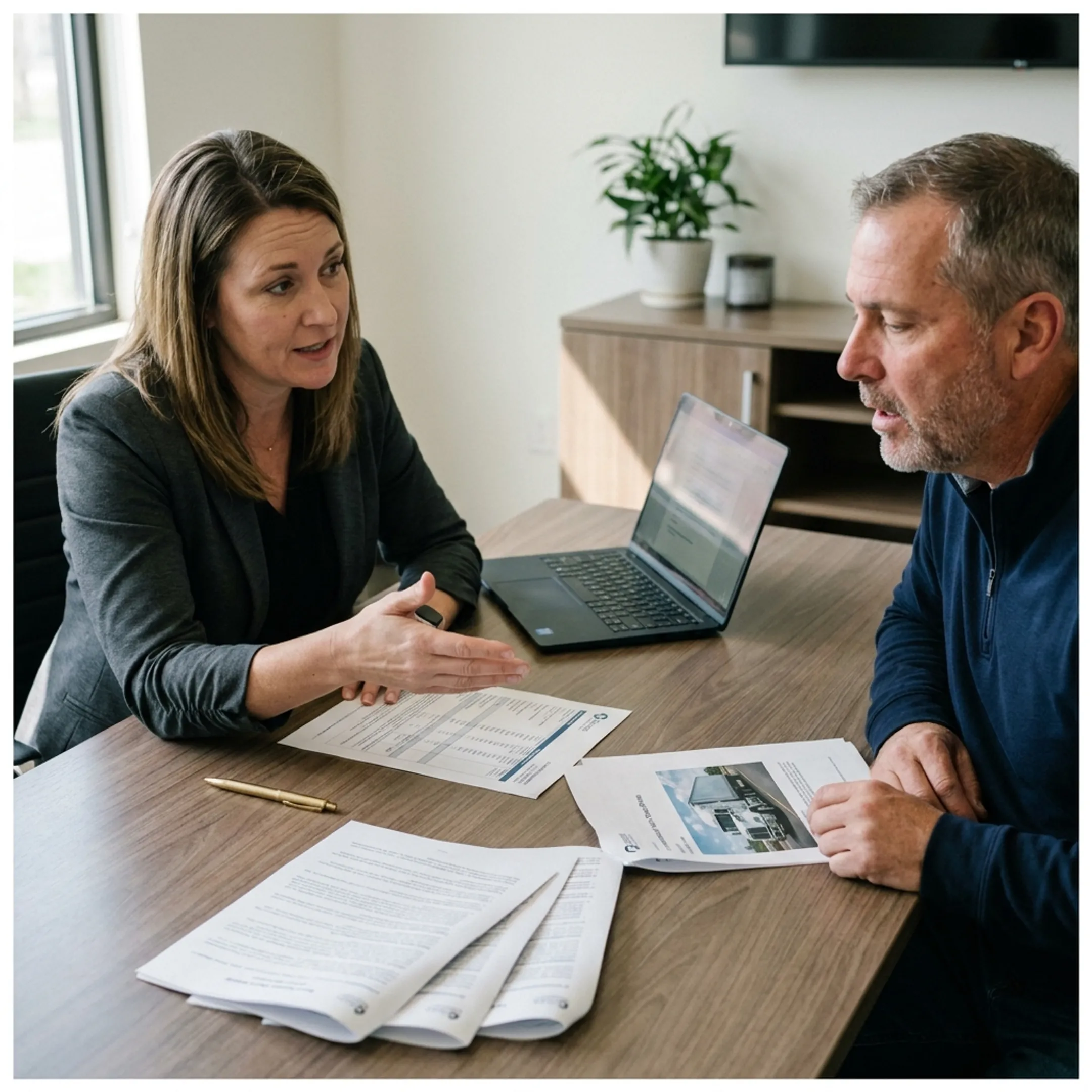 Advisor explaining commercial vehicle insurance coverage to a business owner