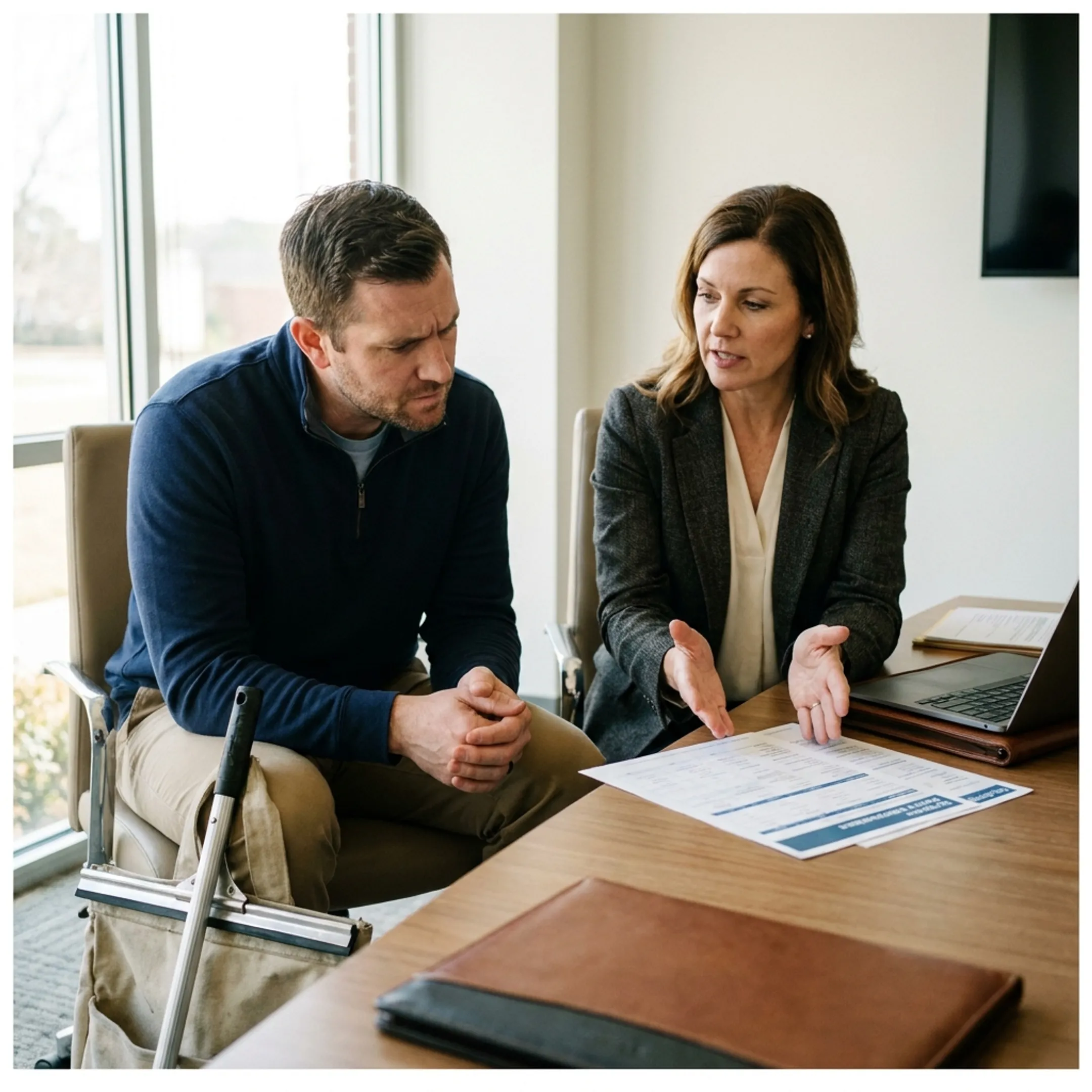 Insurance advisor explaining business coverage to a window cleaning company owner