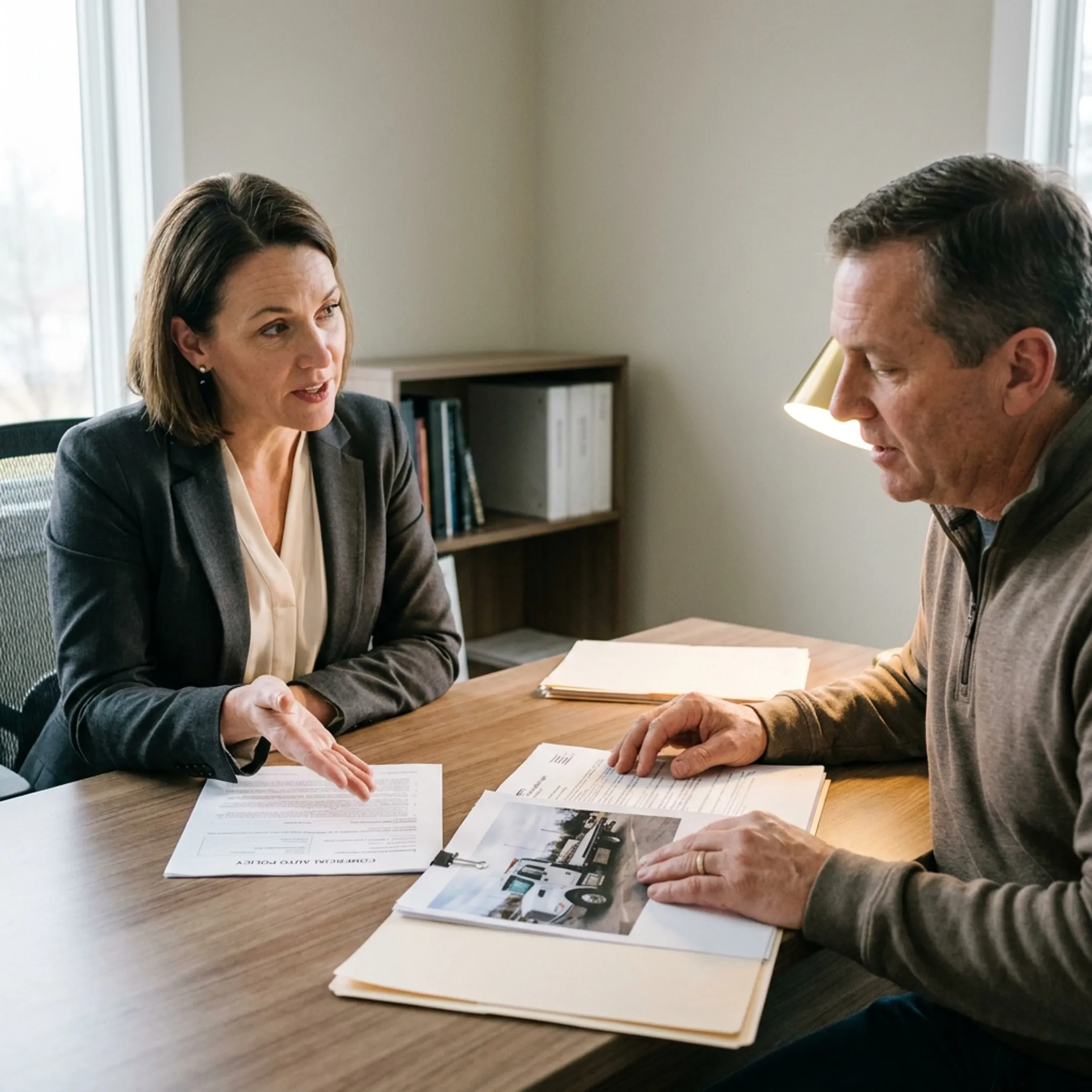 Business owner discussing car hauler insurance with an independent insurance advisor