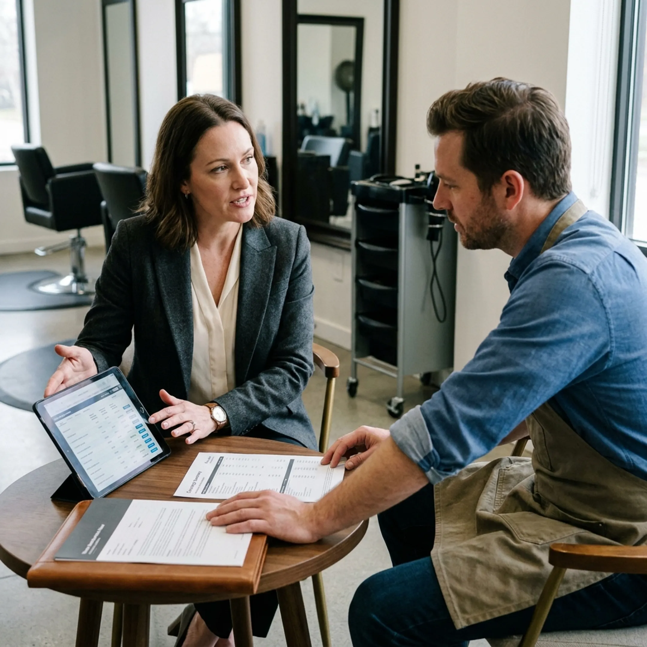 Salon owner discussing business insurance coverage with an advisor