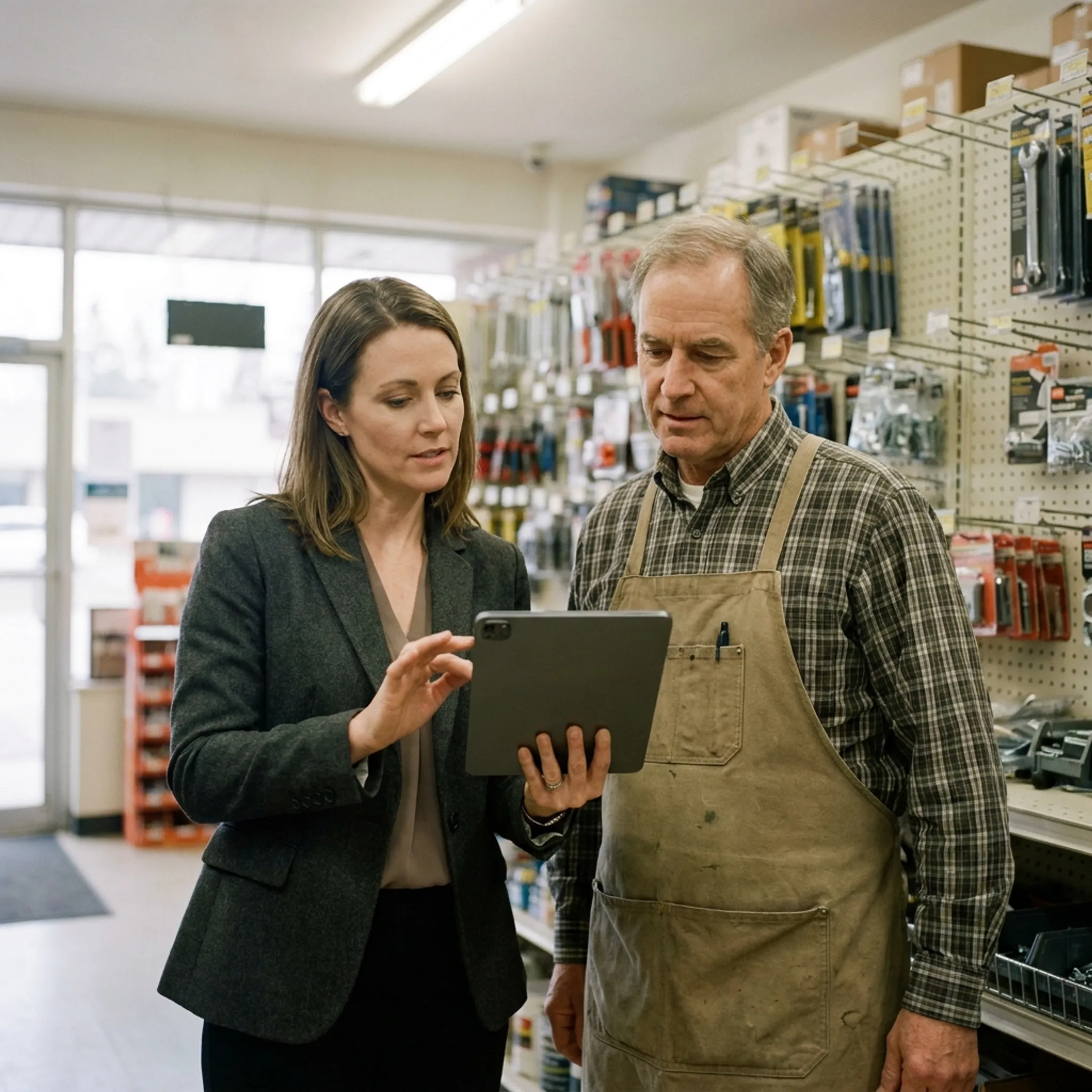 Advisor explaining hardware store insurance options to a business owner