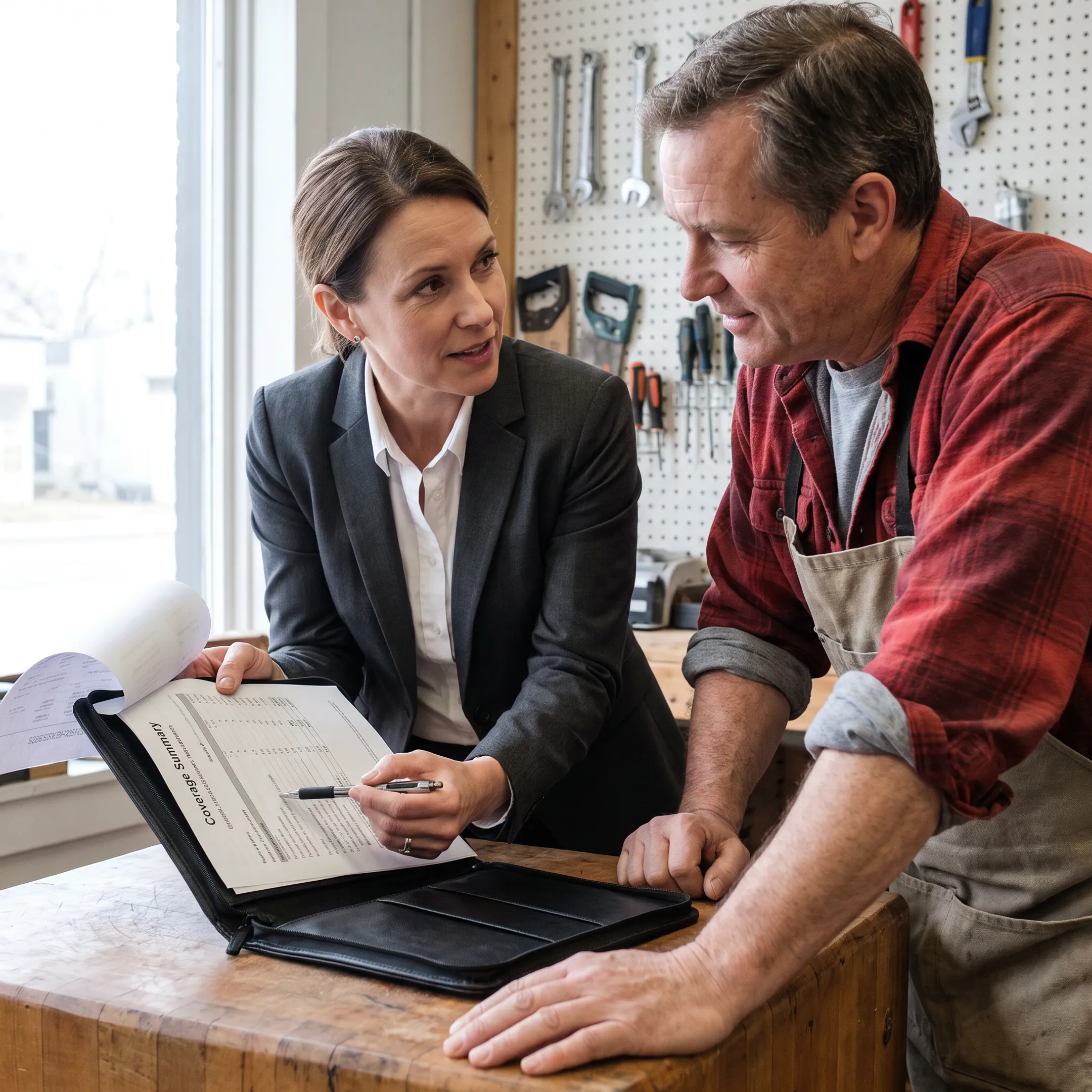 Insurance professional discussing hardware store coverage with a business owner
