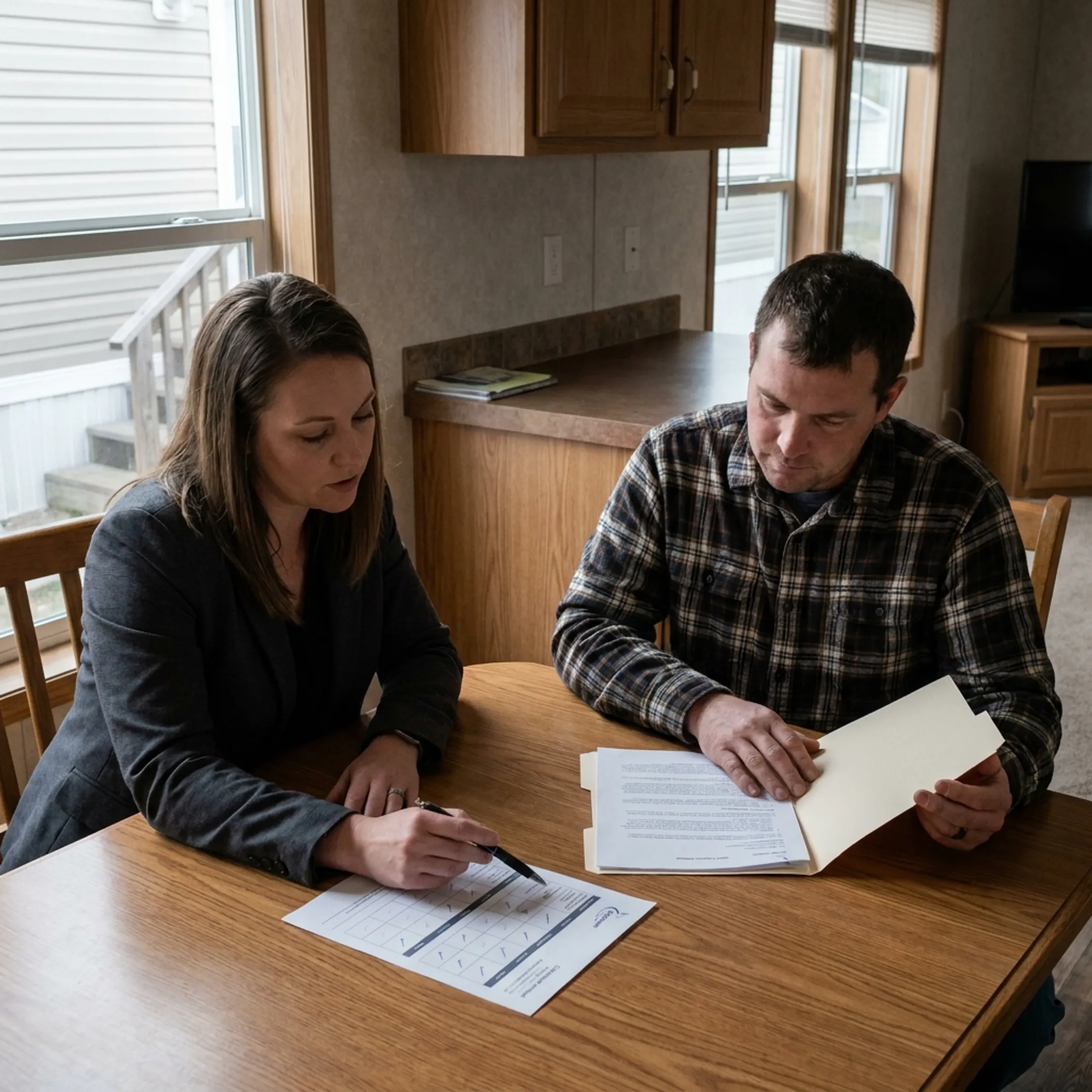 Agent explaining manufactured home insurance options to a homeowner