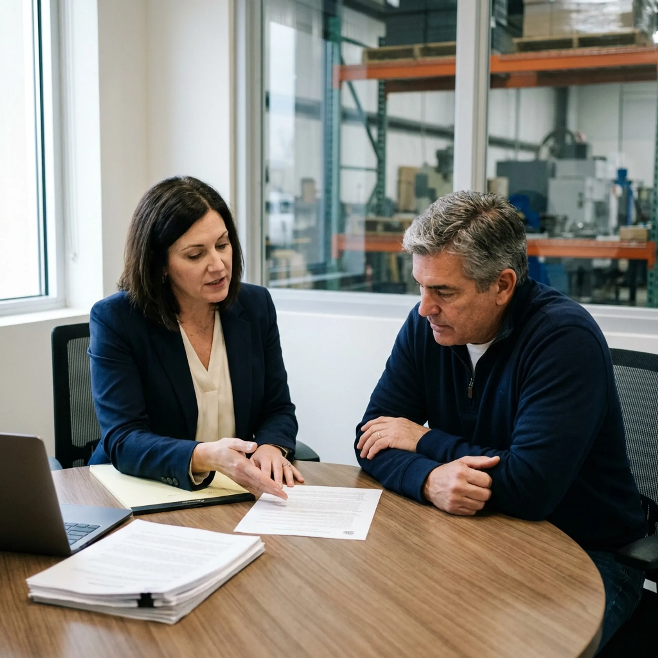 Advisor explaining commercial insurance options to a manufacturing business owner