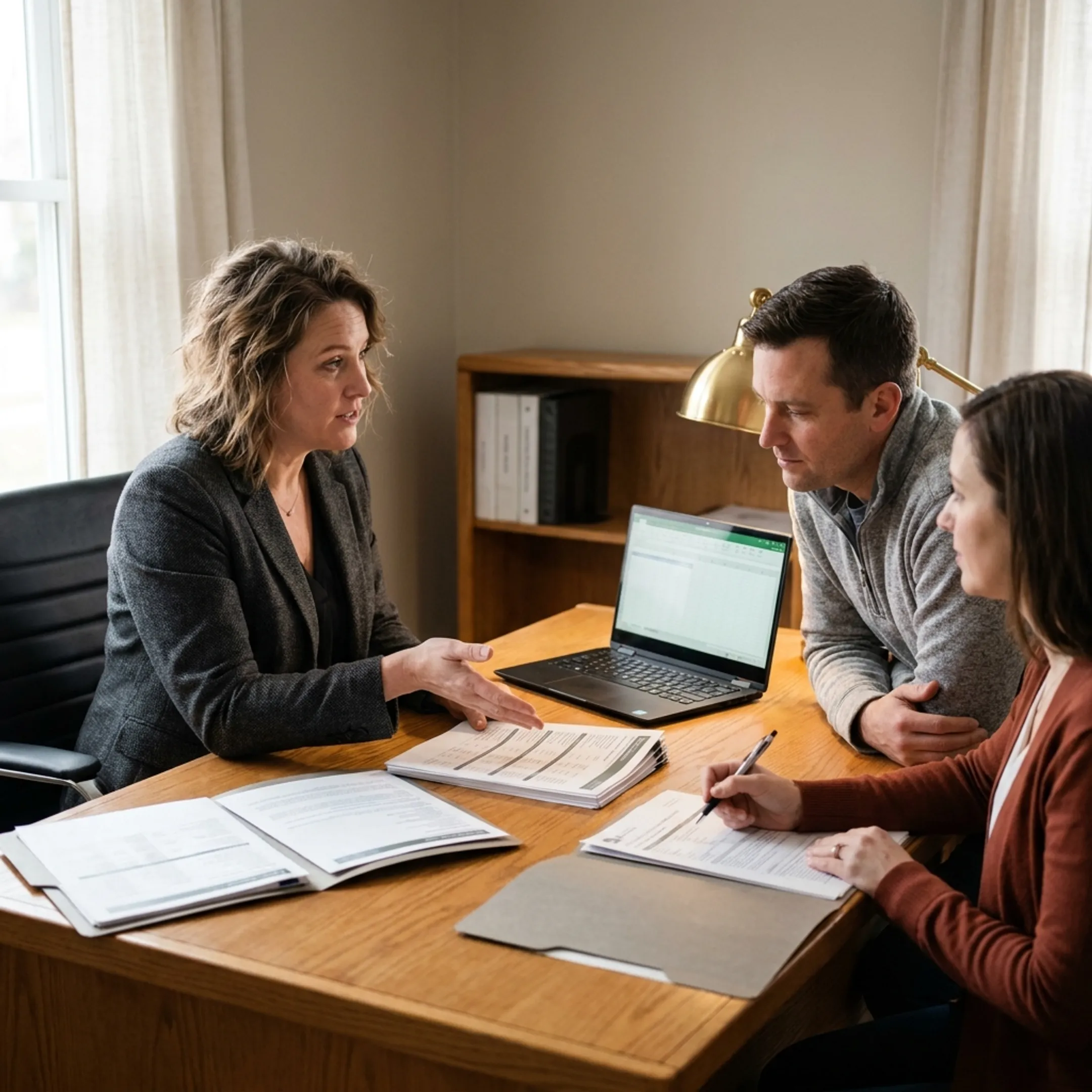 Independent insurance agent explaining coverage choices to a couple