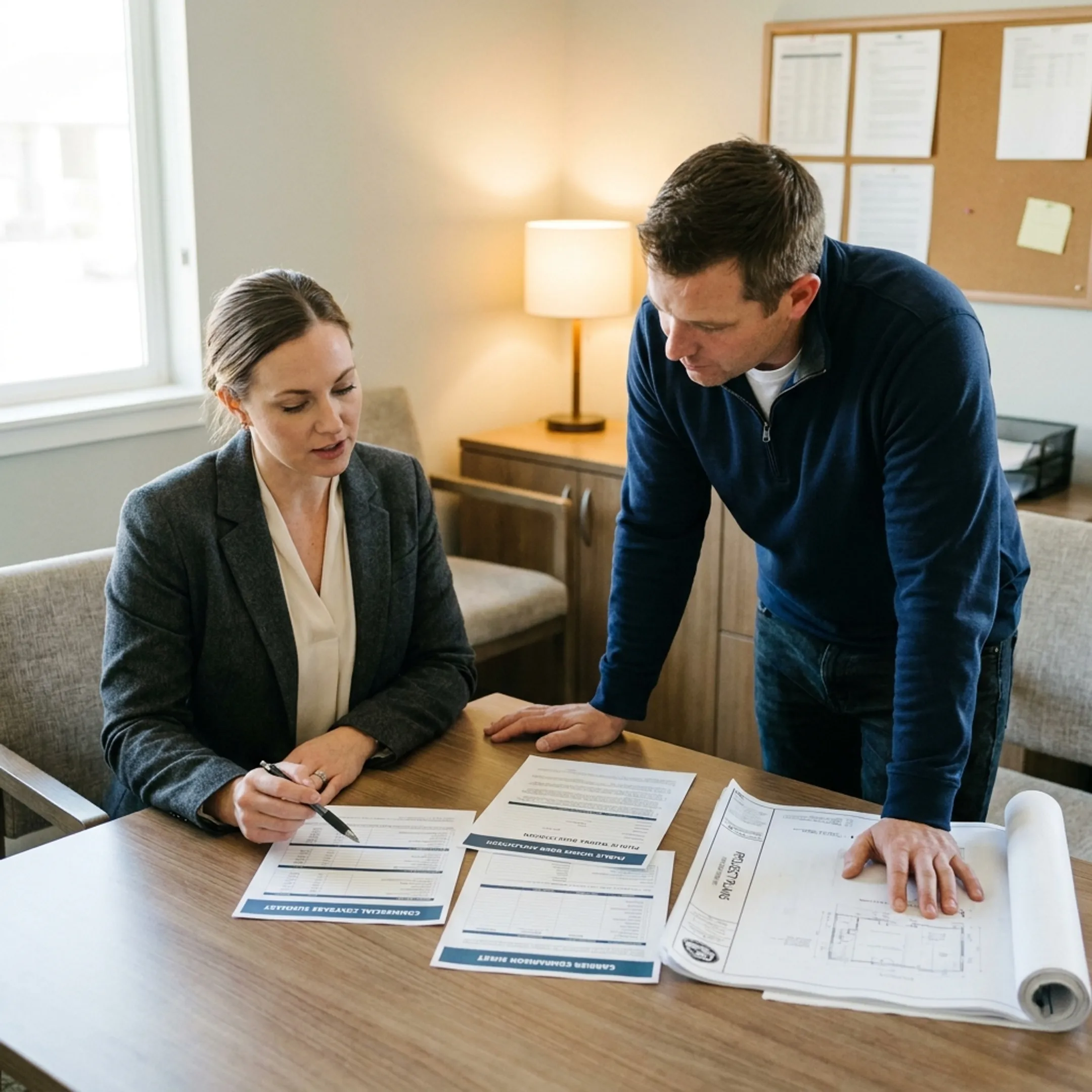 Insurance advisor explaining contractor bonding and commercial coverage options
