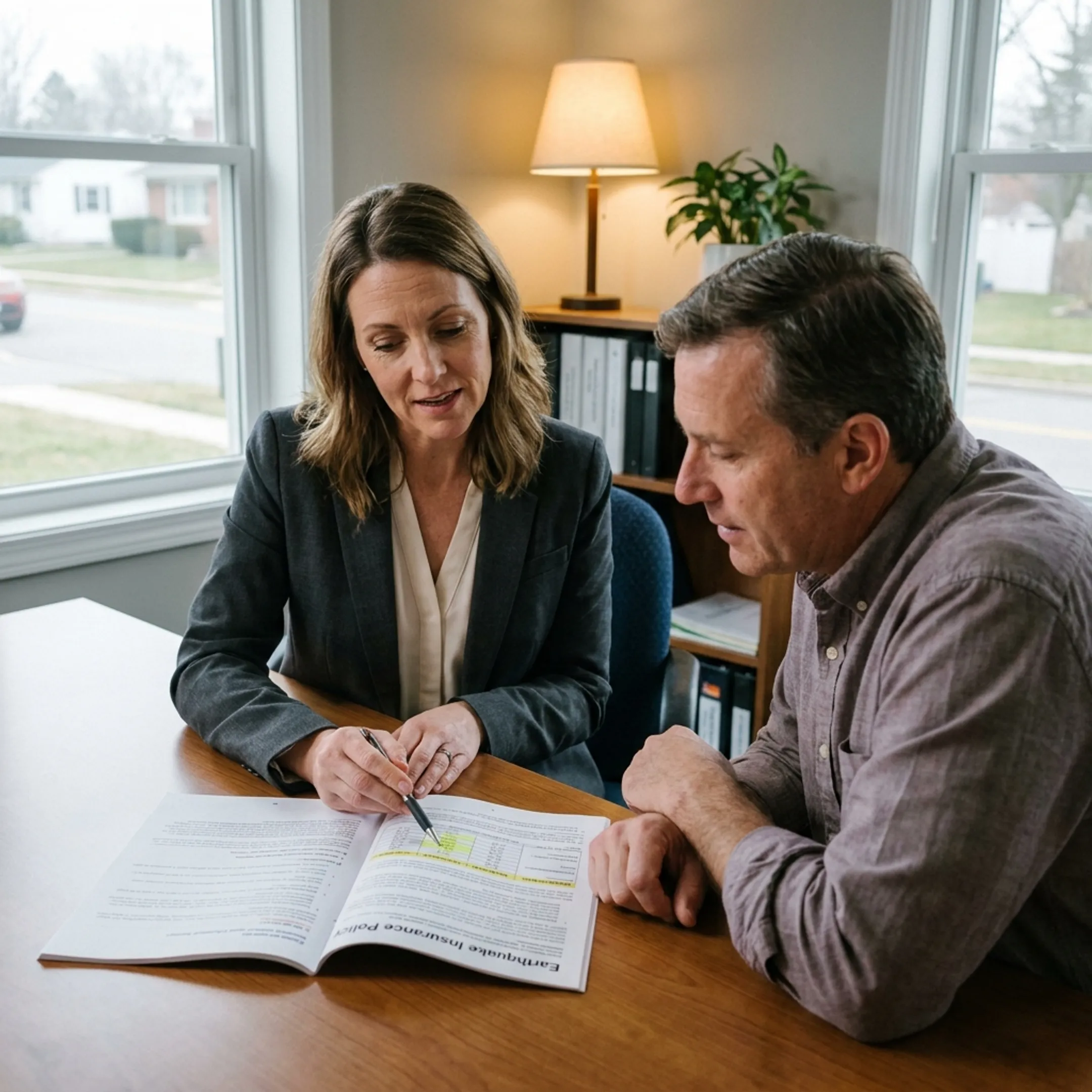 Advisor explaining earthquake insurance policy details to a homeowner