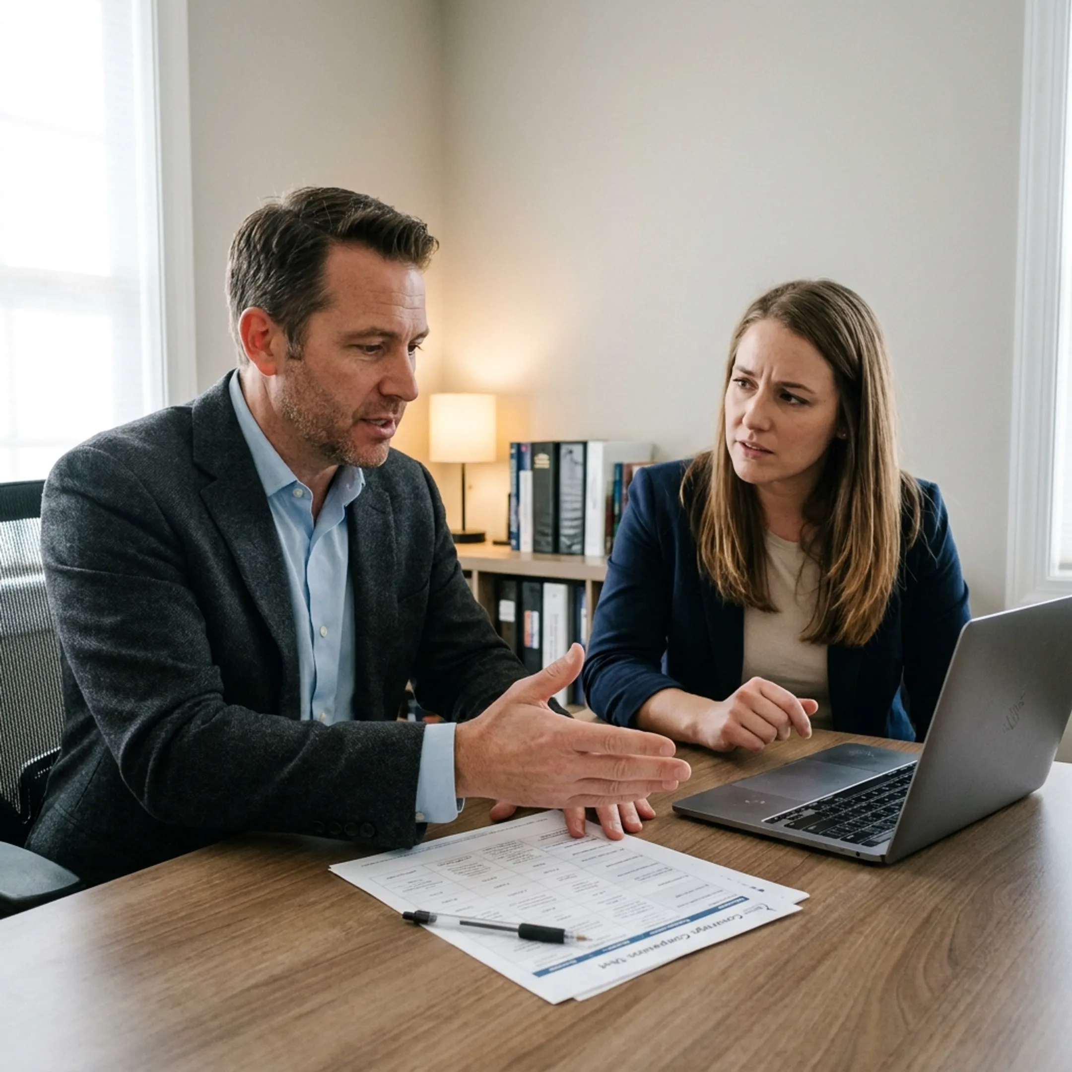 Advisor explaining commercial insurance options to a startup owner