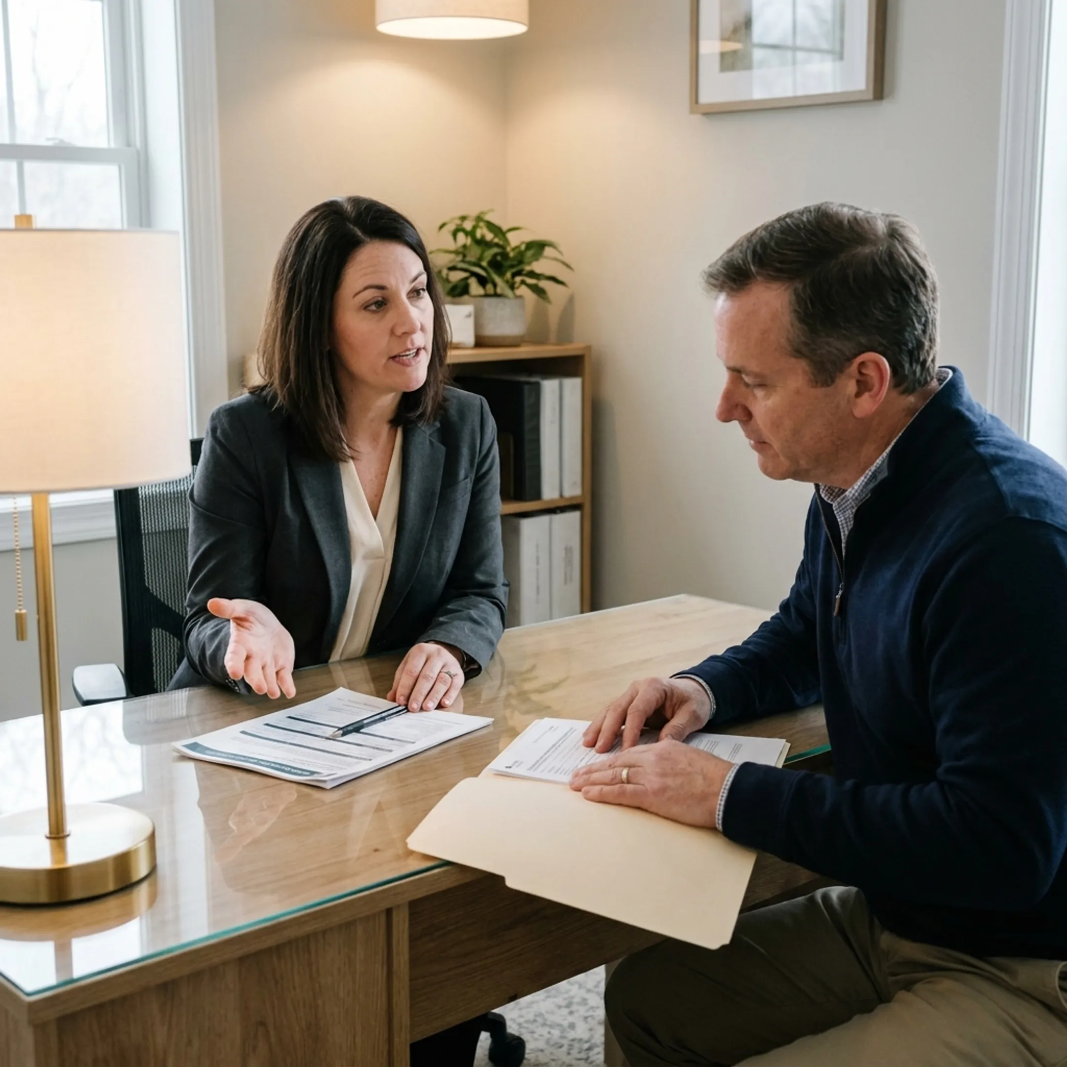 Advisor explaining flood insurance options to a client
