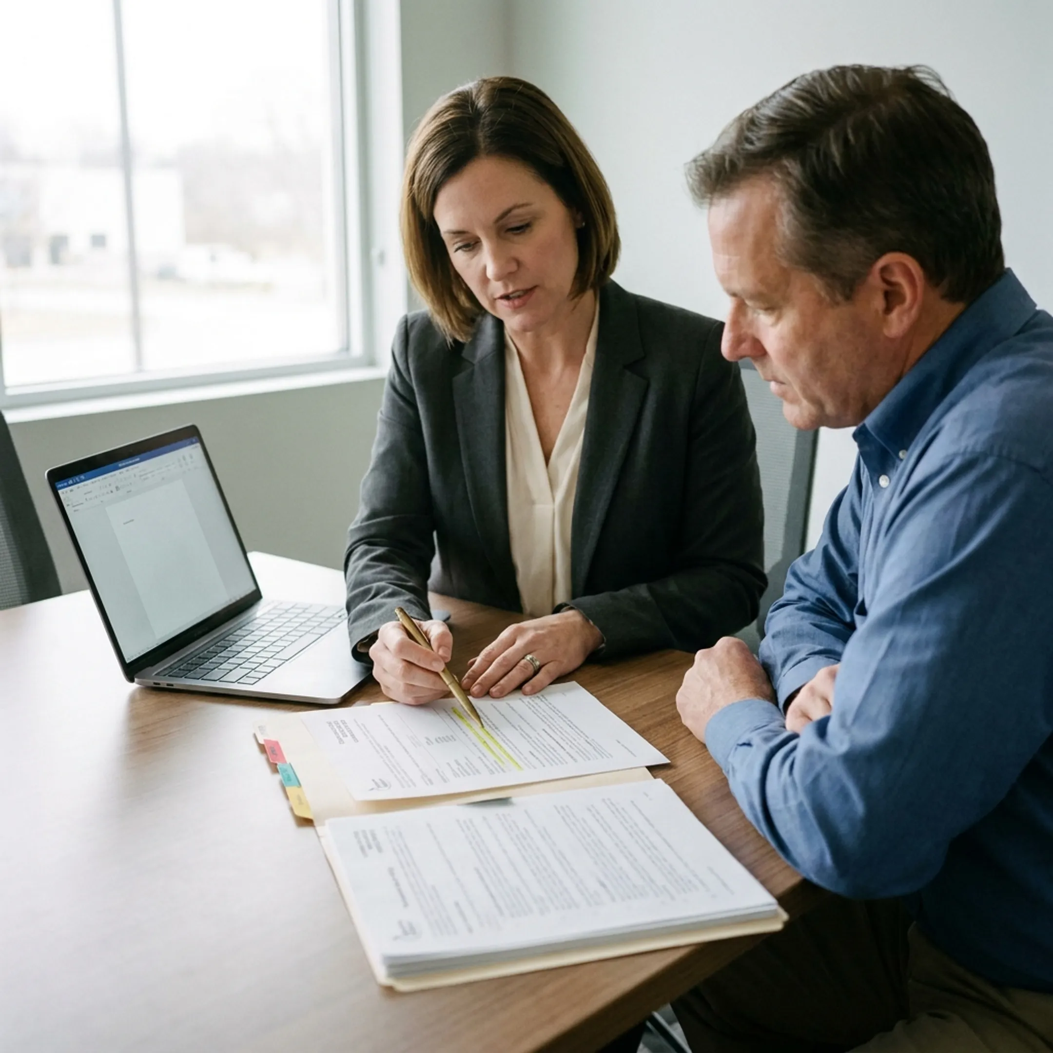 Insurance professional discussing coverage options with a wholesale distributor in a business office