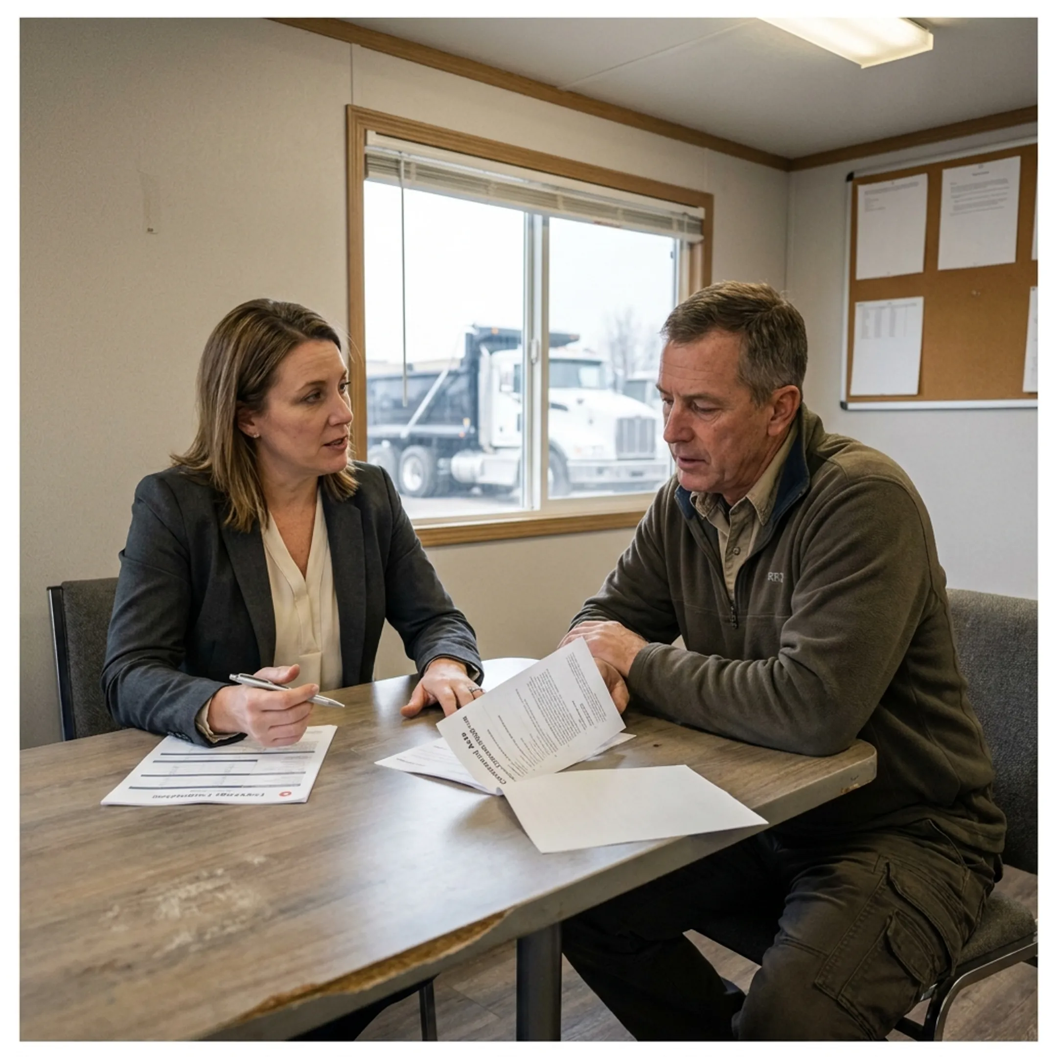 Advisor explaining commercial dump truck insurance coverage to a business owner