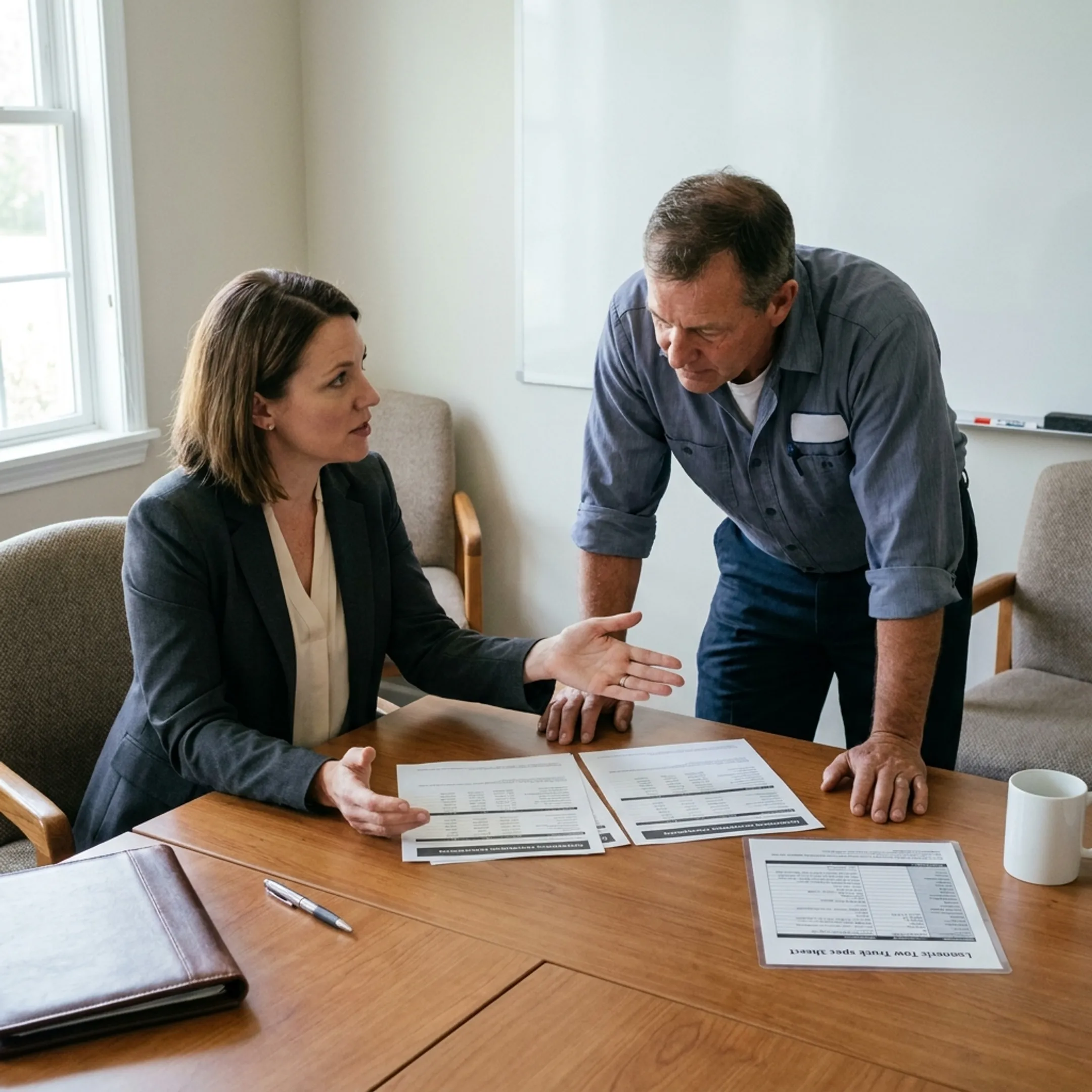 Insurance advisor discussing towing coverage with a business owner