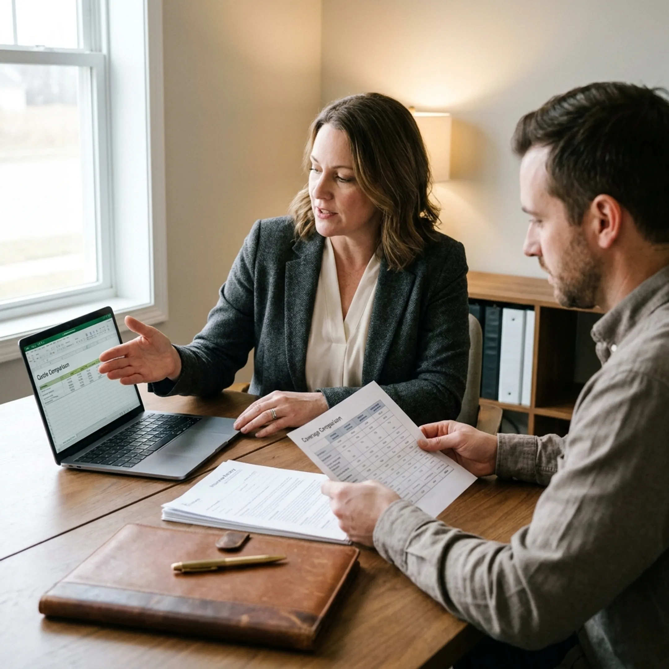 Advisor explaining car insurance quote options to a client