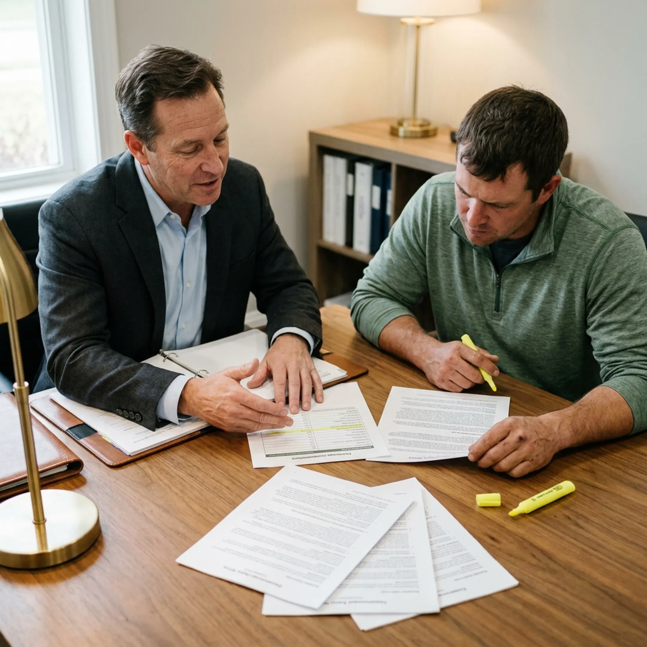Insurance professional explaining business coverage options to a landscaper