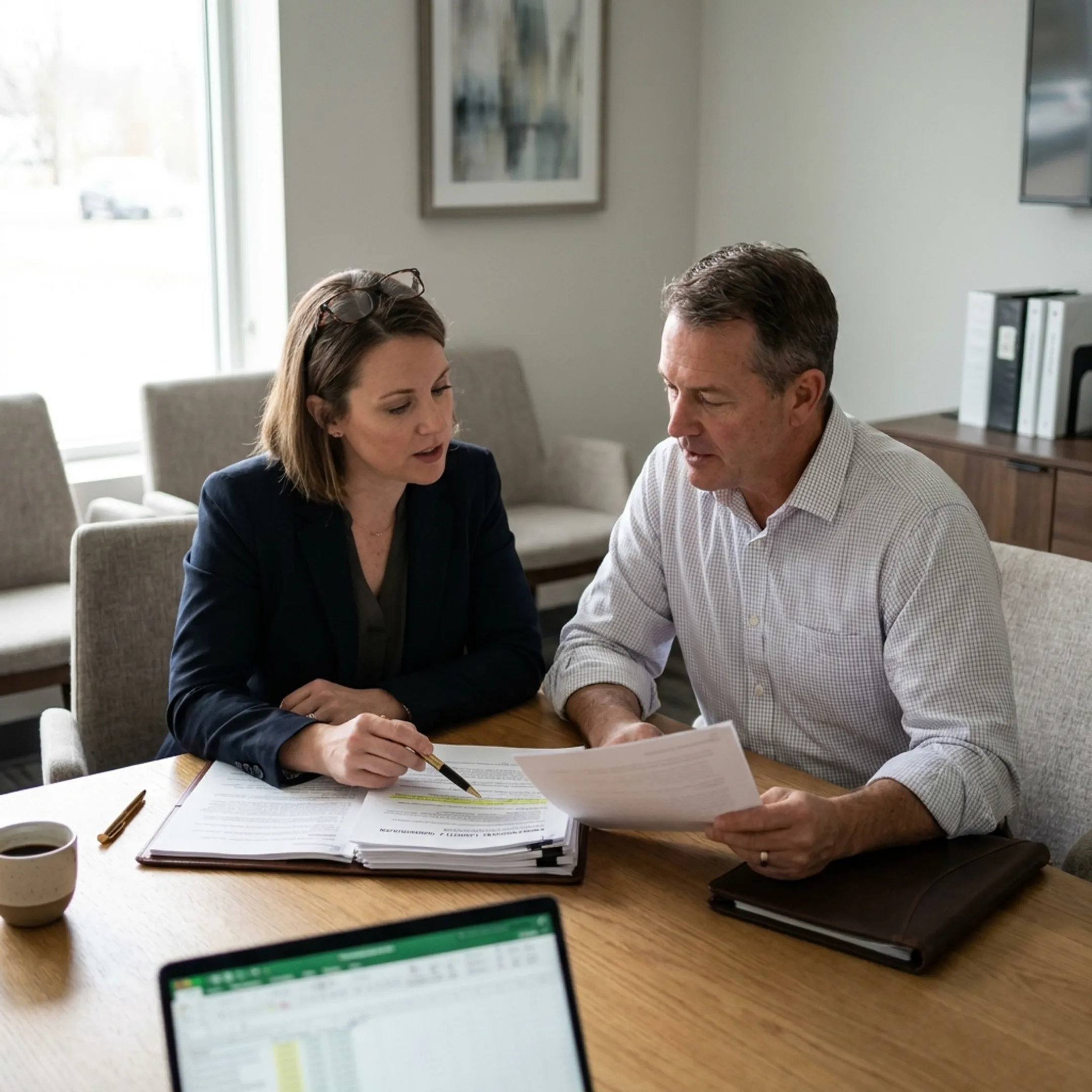 Real estate appraiser reviewing professional liability insurance options with an advisor