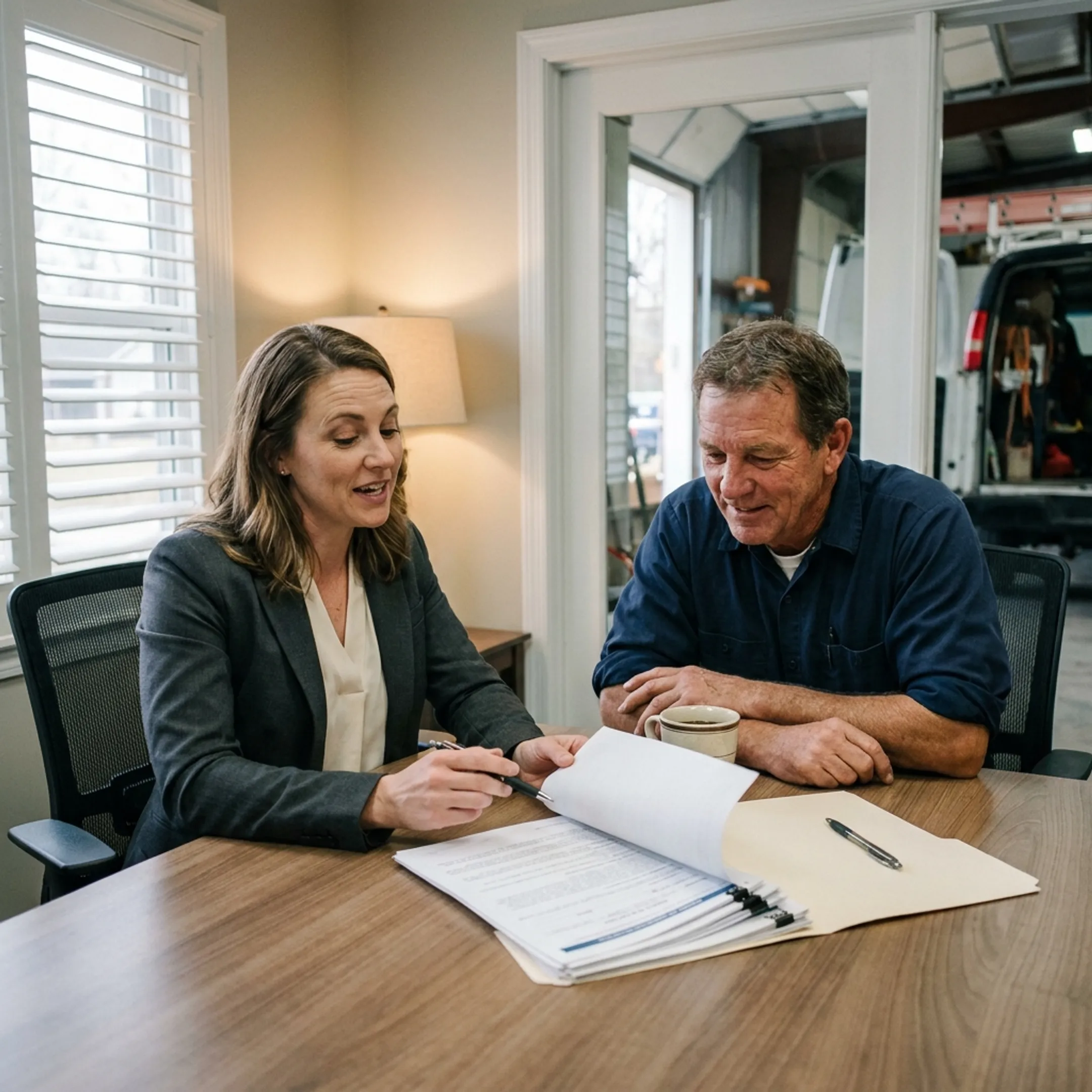 Insurance professional explaining commercial coverage options to an HVAC contractor