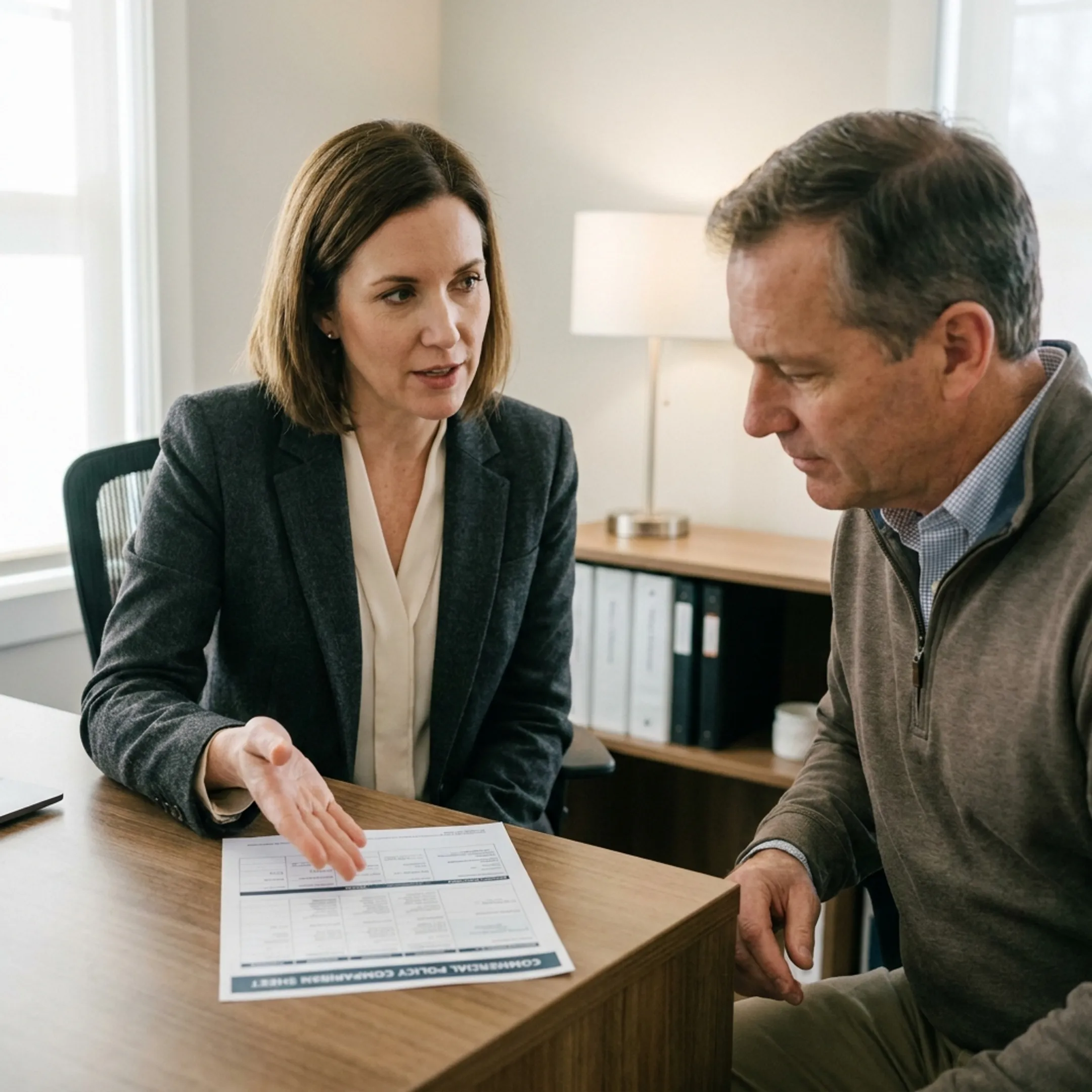 Advisor explaining commercial insurance options to a business owner