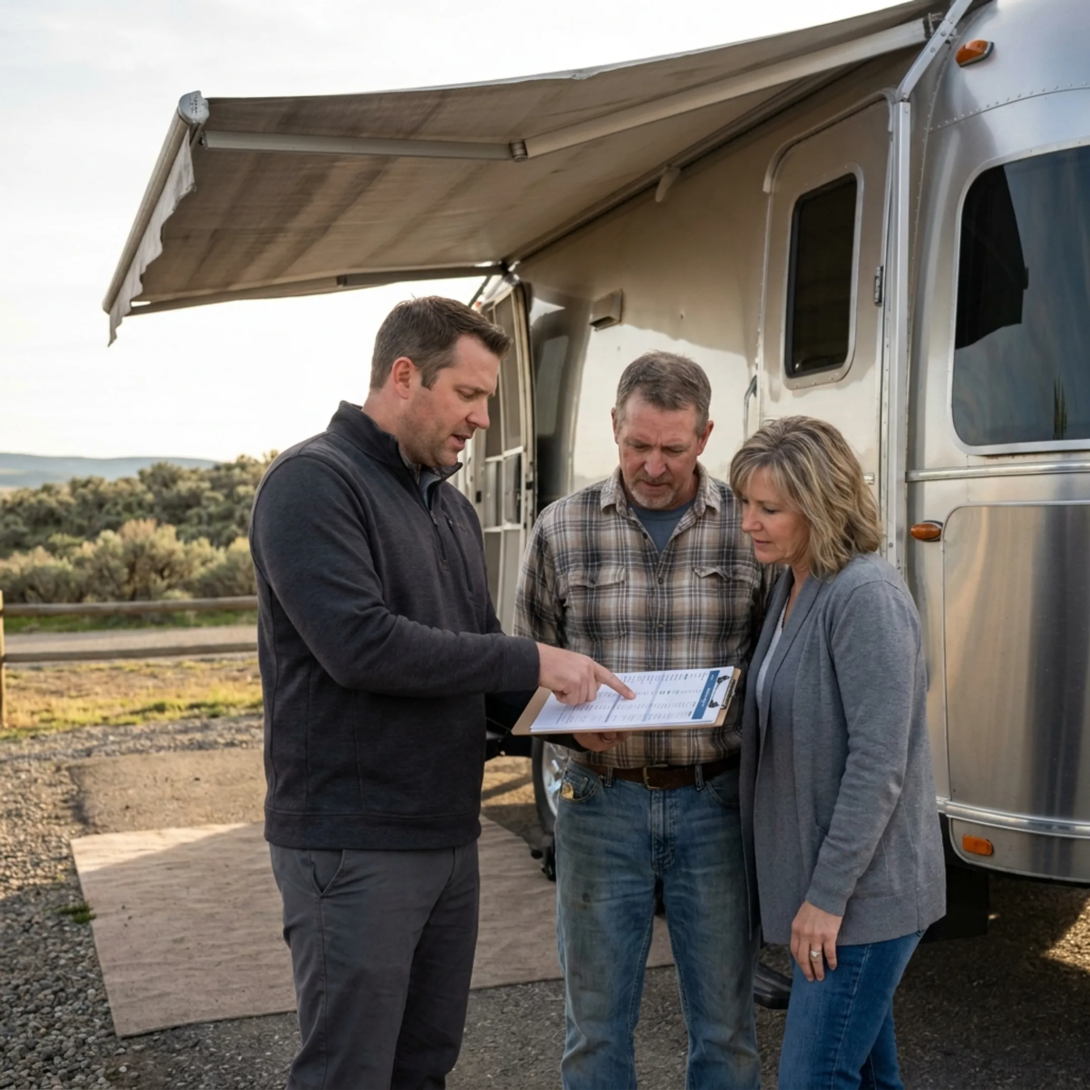 Insurance advisor explaining RV policy options to an Idaho couple beside their recreational vehicle