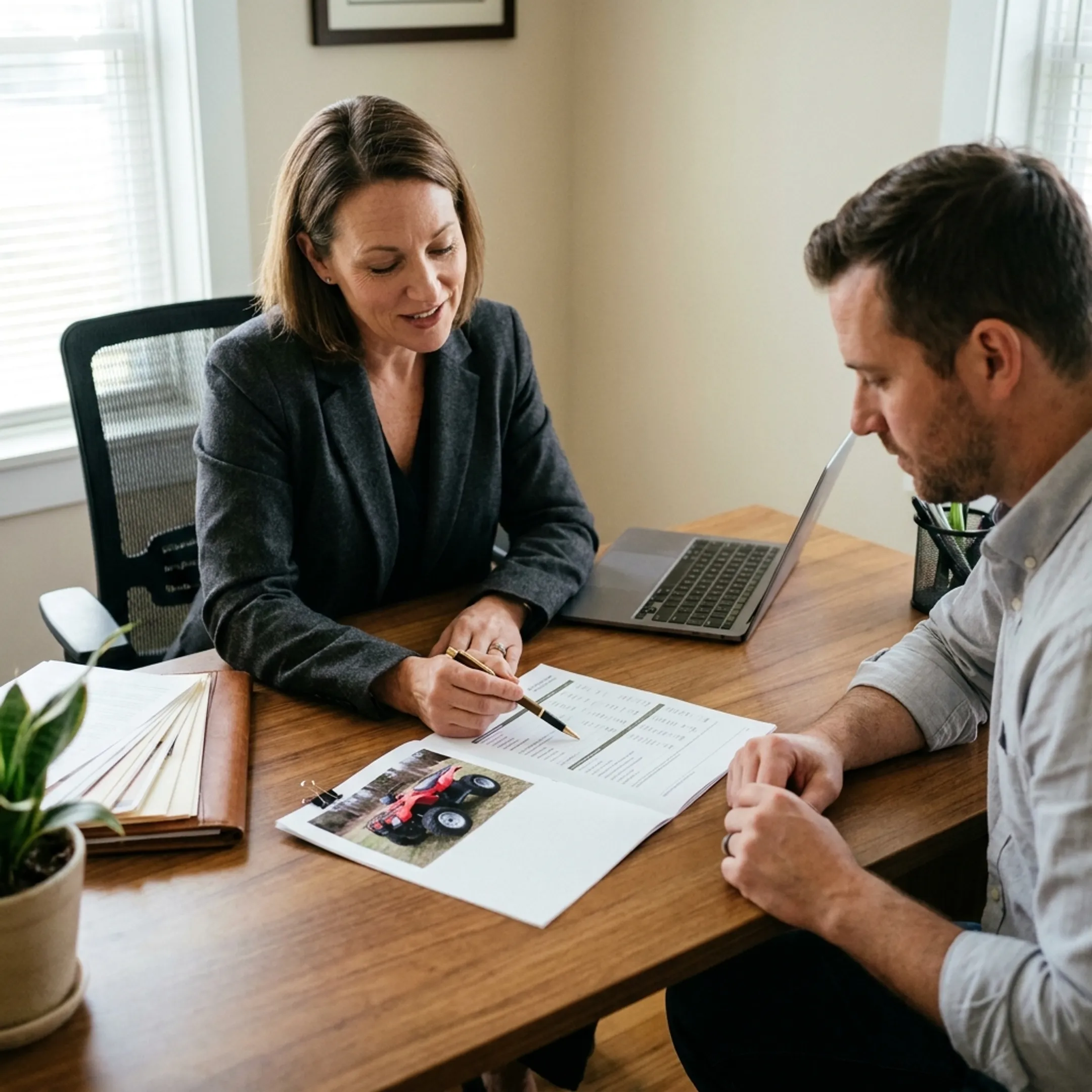 Advisor explaining ATV insurance documents to a customer
