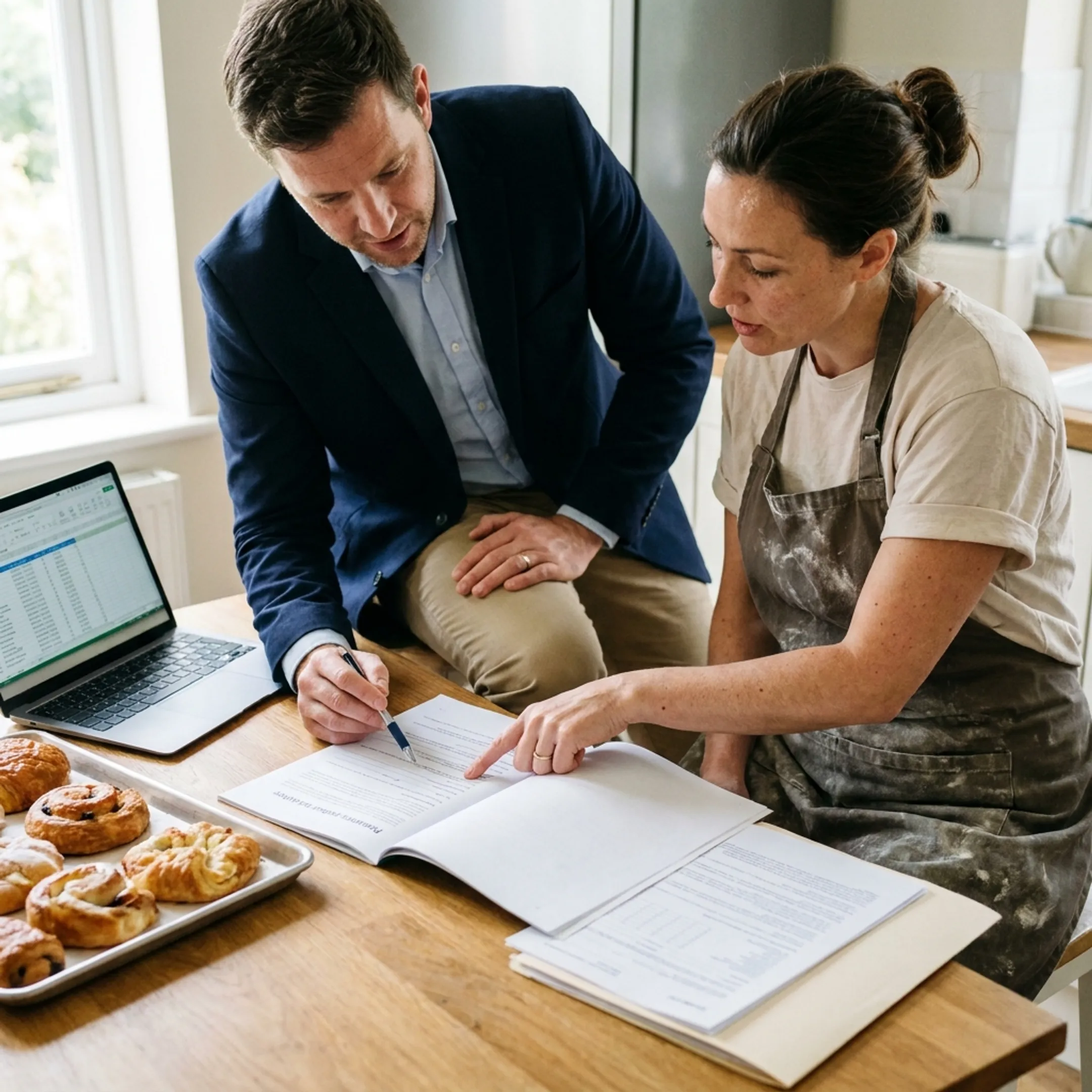 Insurance professional discussing coverage with a home bakery owner